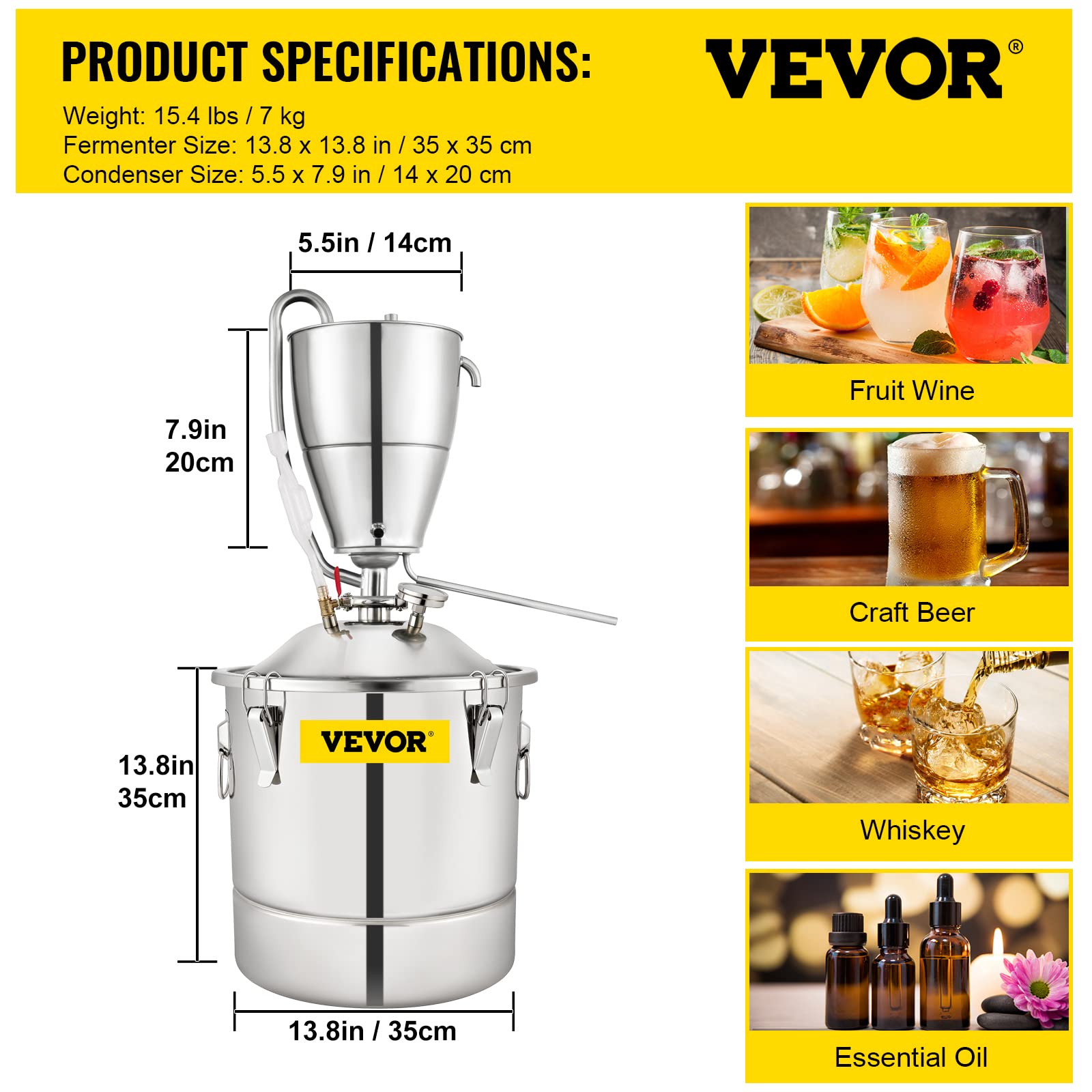 VEVOR 8 Gal/30L Alcohol Water Distiller, 304 Stainless Steel Home Distilling Kit with 6-Lap Coil, Thermometer & Pump - Perfect for Whiskey, Brandy, Essential Oil Making, Home Brewing & DIY Distillation Projects