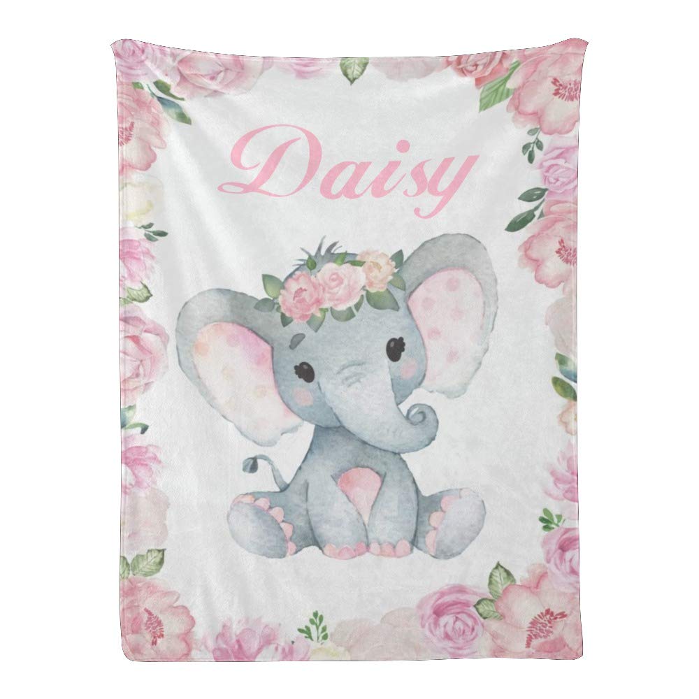 Personalized Kids Fleece Blanket with Name - Custom Pink Floral Elephant Baby Throw Blanket for Bed, Couch & Nursery (30
