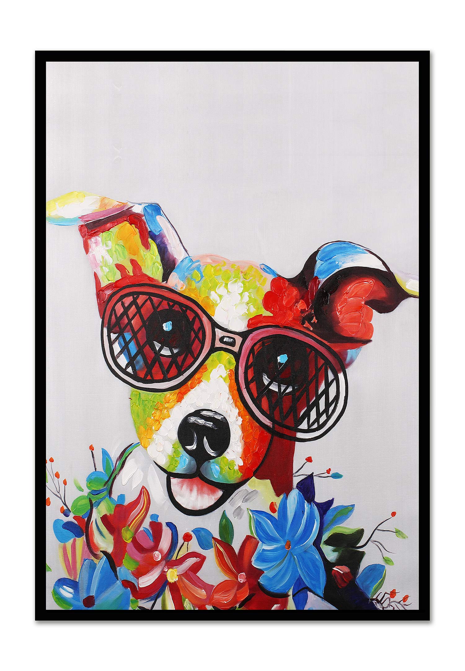 Modern Pop Art Framed Canvas Print - Happy Jack Russell Terrier with Glasses Animal Wall Art Decor - Black Real Wood Frame 27x39 - Perfect for Living Room, Bedroom & Office Decor