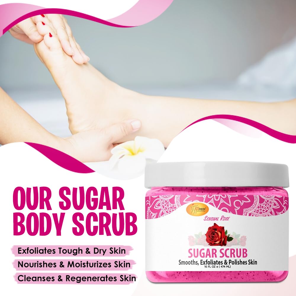 SPA REDI – Sugar Body Scrub with Sensual Rose, 16 Oz - Exfoliating, Moisturizing & Hydrating Body Polish for Smooth, Glowing Skin | Perfect for Spa Day, Self-Care Routine & Gift Giving