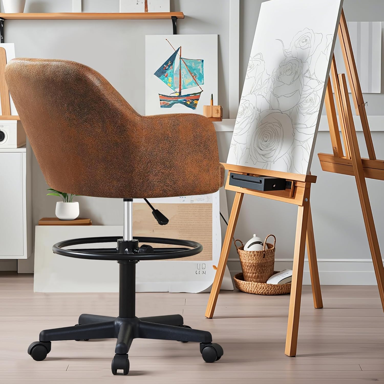 VECELO Ergonomic Drafting Chair with Adjustable Height, Lumbar Support & Footrest - Office Stool for Standing Desk, Computer Workstation, Bedroom Vanity, and Home Office Use