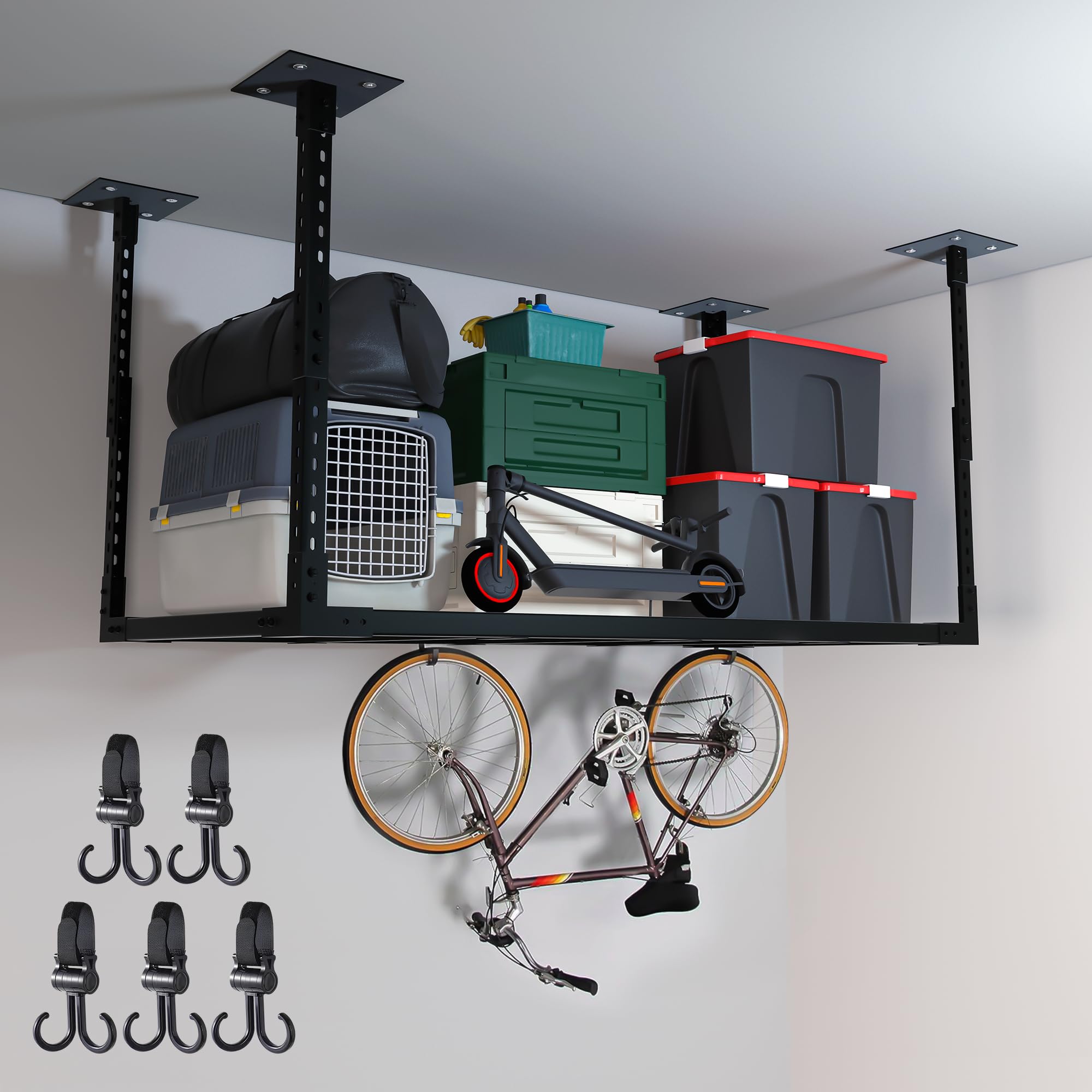 Heavy Duty Overhead Garage Storage Rack - 2x4 Metal Ceiling Storage System with 1100Lbs Capacity, Adjustable Shelves & 5 Free Hooks - Perfect for Garage Organization, Bike Storage & Seasonal Item Storage - Black