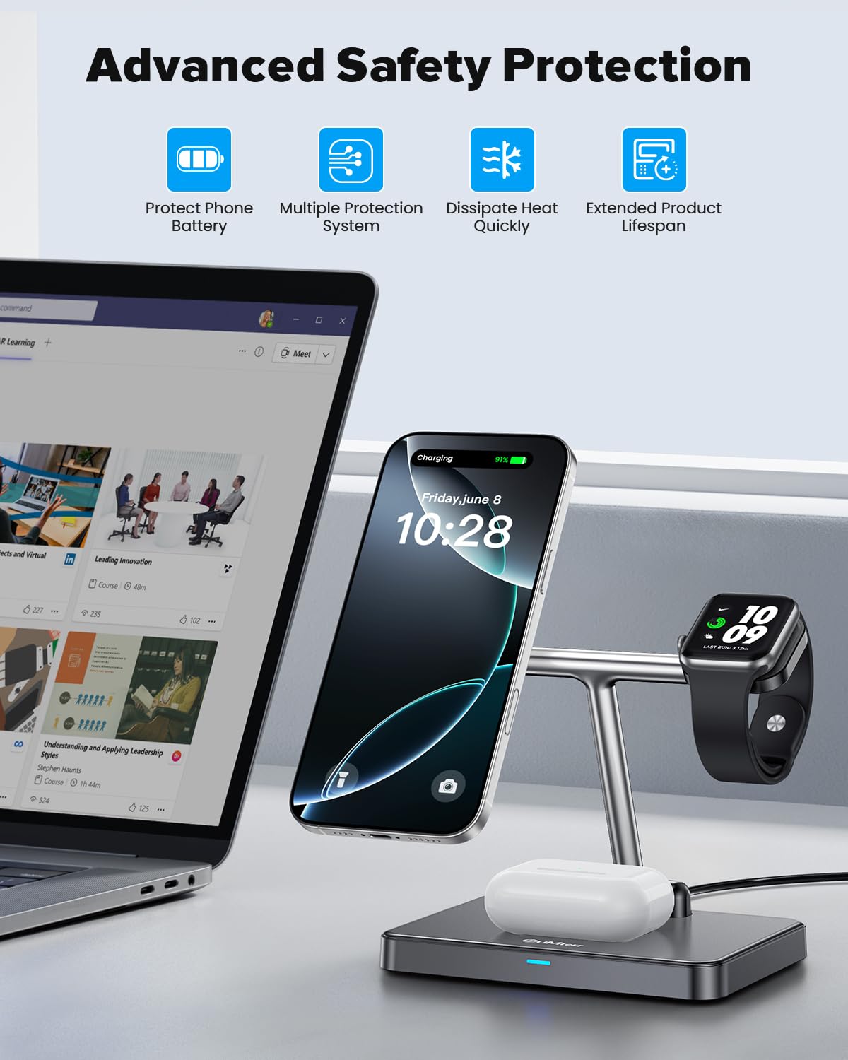 DUMTERR 3-in-1 Foldable Wireless Charging Station with MagSafe for iPhone 16/15/14/13/12, Apple Watch Series & AirPods - Fast Magnetic Charger Stand with N52 Strong Magnet & Safety Protection | Perfect for Home, Office & Travel Use