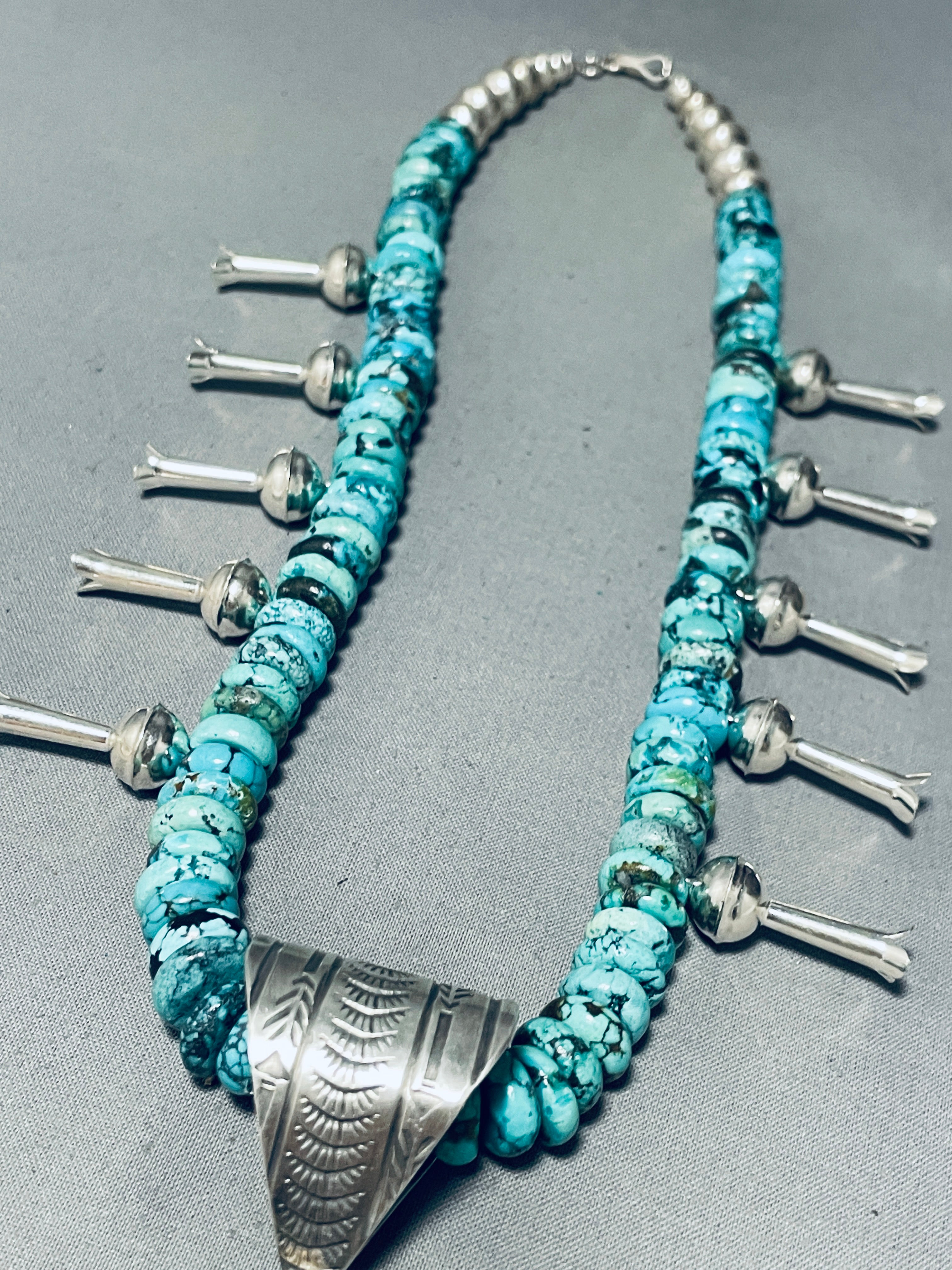 Authentic Navajo Spiderweb Turquoise Squash Blossom Necklace - 170g Sterling Silver Handmade Jewelry for Women - Perfect for Boho Fashion, Wedding Gifts & Special Occasions