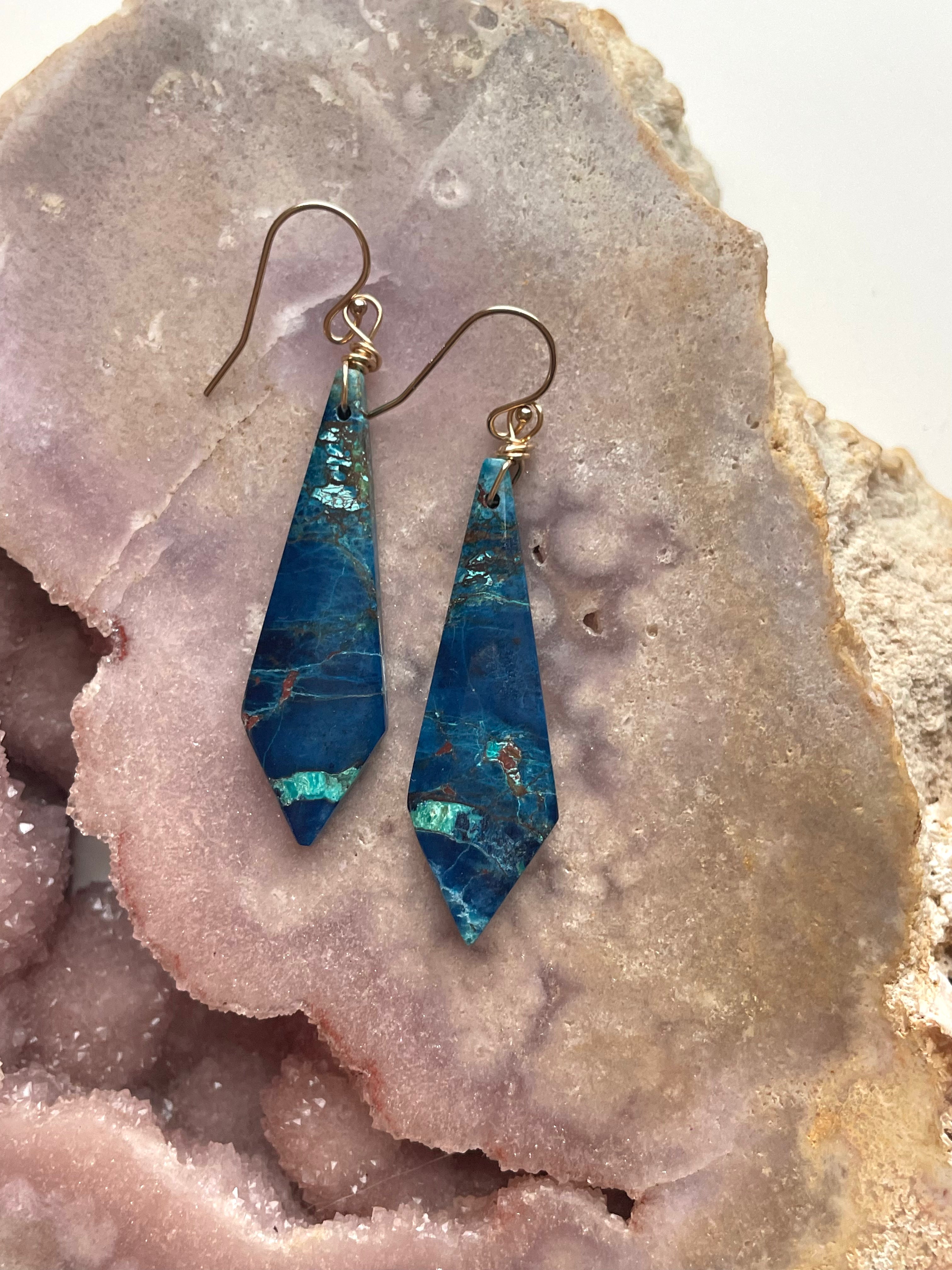 Chrysocolla Gold-Filled Statement Crystal Gemstone Earrings for Women | Elegant Dangle Drop Earrings for Party, Wedding & Evening Wear