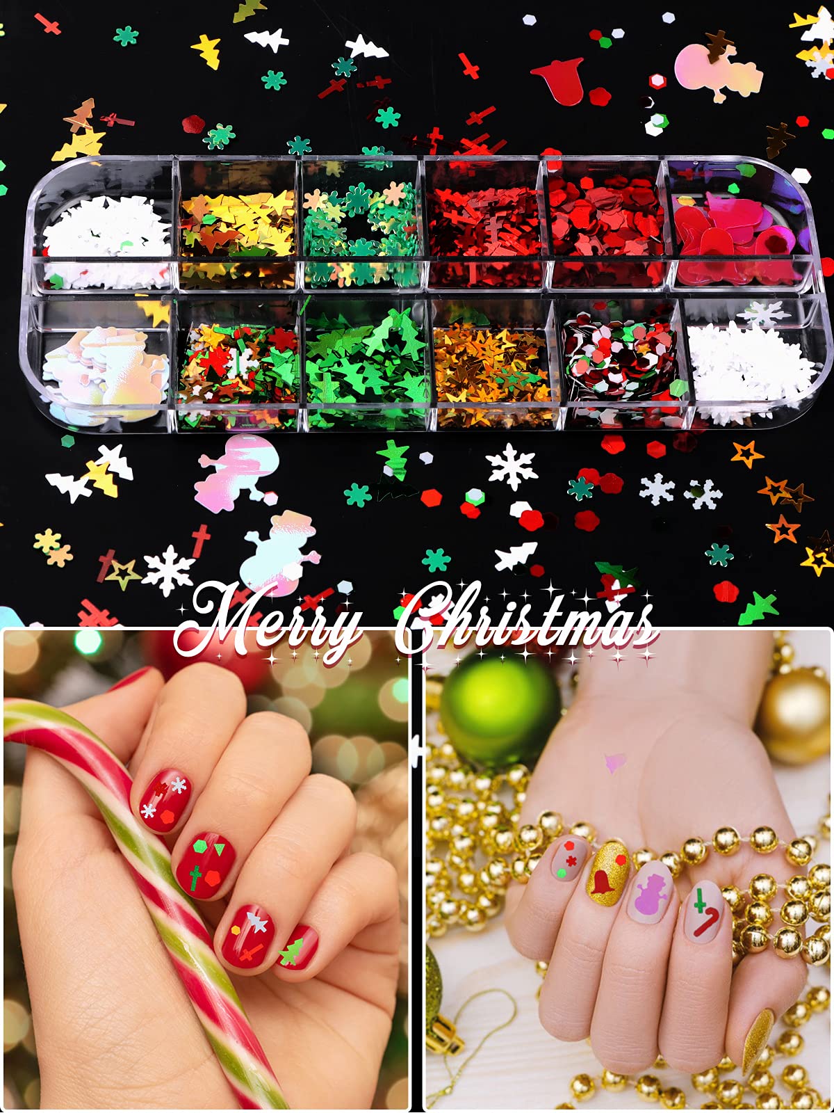 36 Pcs Christmas Nail Art Sequins - Holographic Snowflakes, Xmas Tree & Snowman Glitter for DIY Nail Designs, Face & Body Makeup | Holiday Party Decorations, Gift Wrapping & Christmas Craft Projects