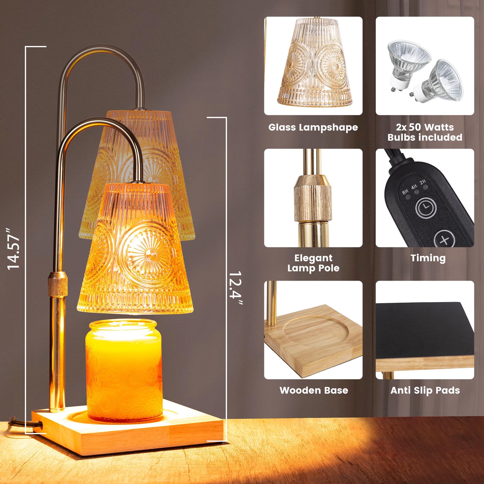 Electric Candle Warmer Lamp with 2 Bulbs & Timer - Adjustable Height & Dimmer for Scented Jar Candles & Wax Melts | Home Decor, Romantic Ambiance, Aromatherapy & Gift Idea