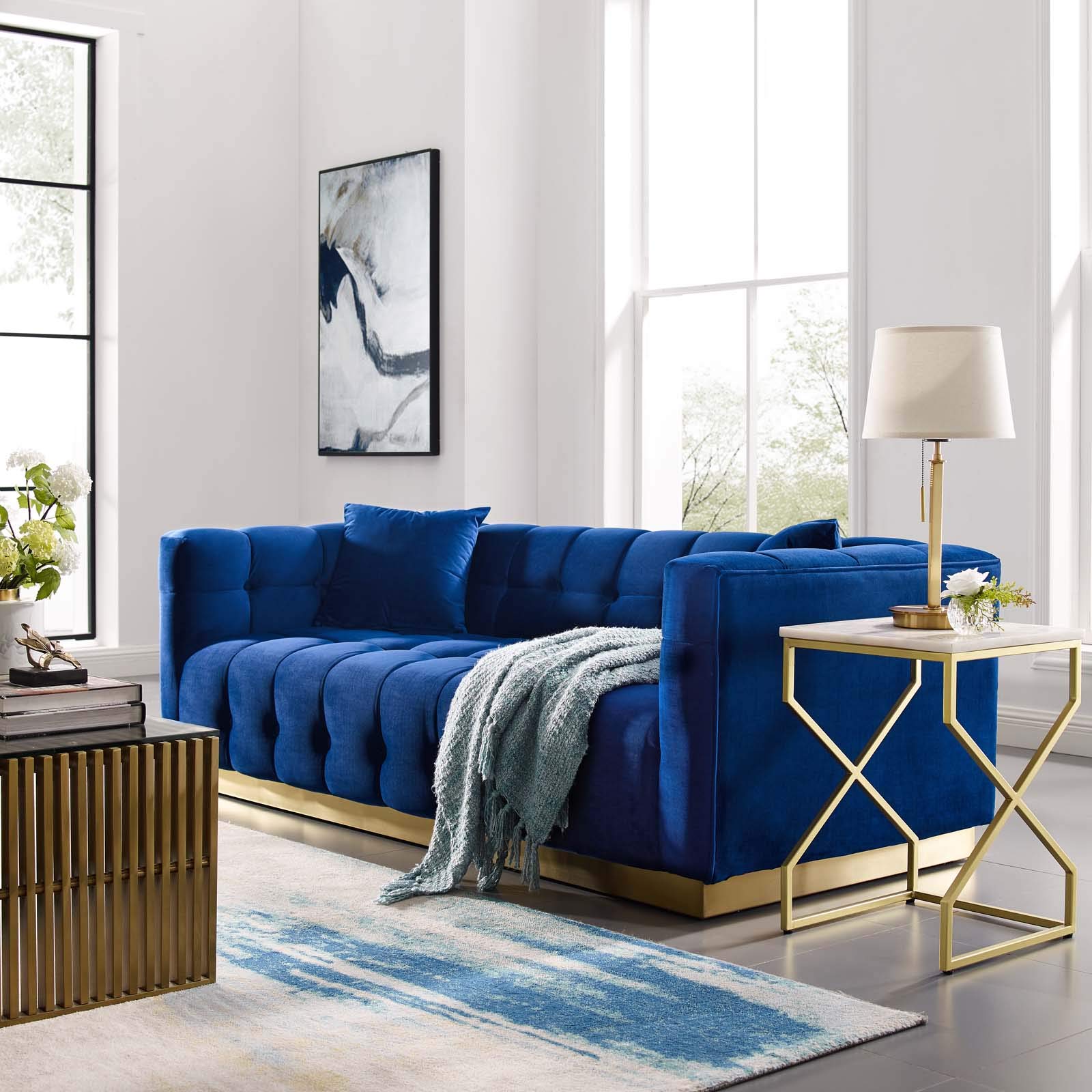 Modway Vivacious Square Tufted Upholstered Performance Velvet Sofa with Two Throw Pillows in Navy - Luxurious Velvet Living Room Couch for Modern Home Decor, Perfect for Lounge, Entertaining Guests & Cozy Movie Nights