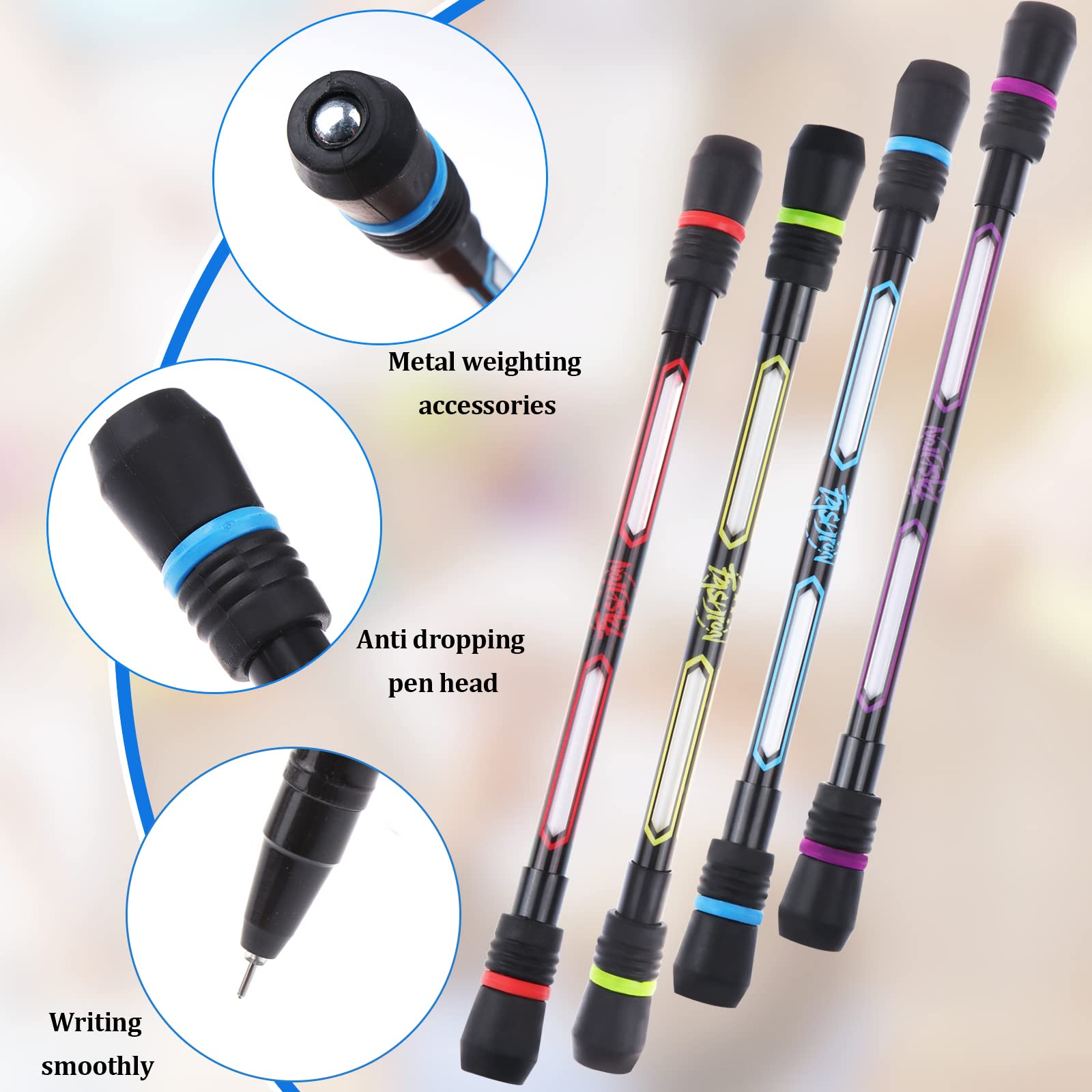 Droutti 12 Pack Pen Spinning Pens - Weighted Non-Slip Rolling Finger Pens for Office, School & Gaming | Smooth Writing Rotating Pen Mod with Coated Grip | Perfect for Fidgeting, Stress Relief & Pen Tricks