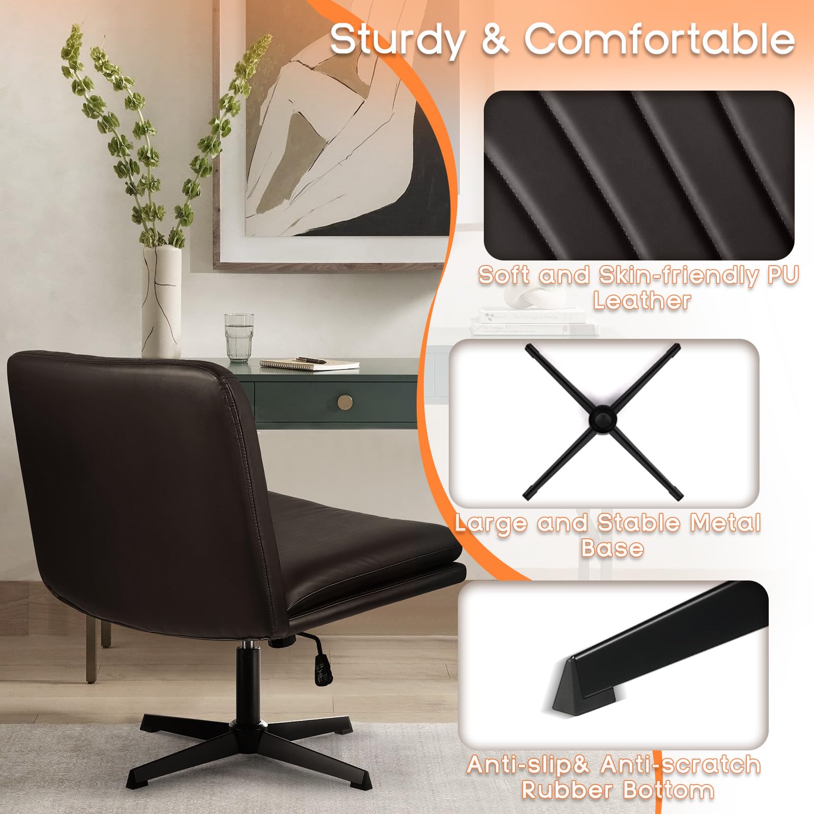 PUKAMI Criss Cross Legged Office Chair - Armless PU Leather Swivel Desk Chair with Height Adjustable Wide Seat & Mid Back Support - Modern Home Office Computer Task Chair for Working, Studying & Vanity Makeup