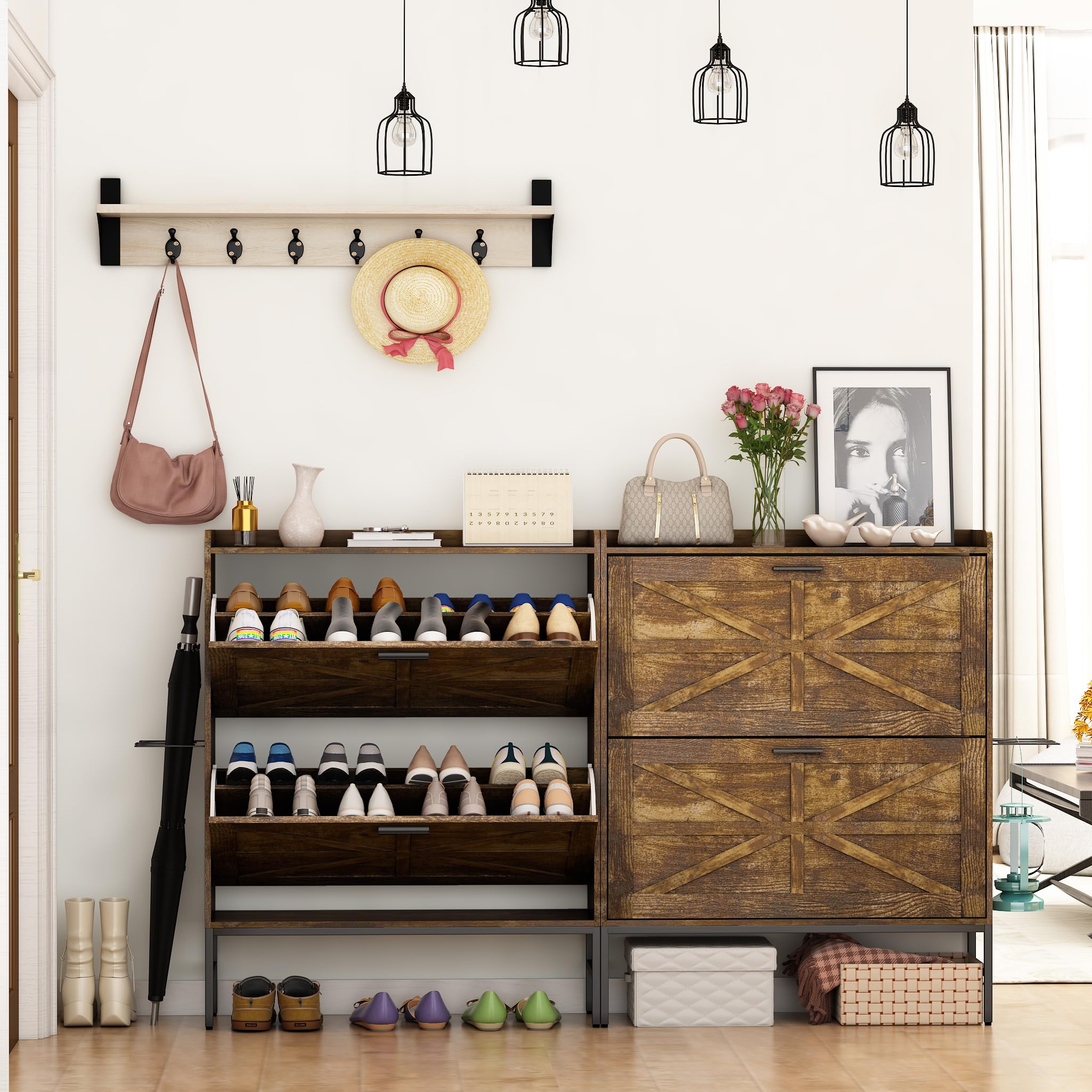 Rustic Brown Shoe Cabinet with 2 Flip Drawers & Boot Rack - Narrow Shoe Storage Organizer for Entryway, Foyer, Hallway - Perfect for Small Spaces & Closet Organization