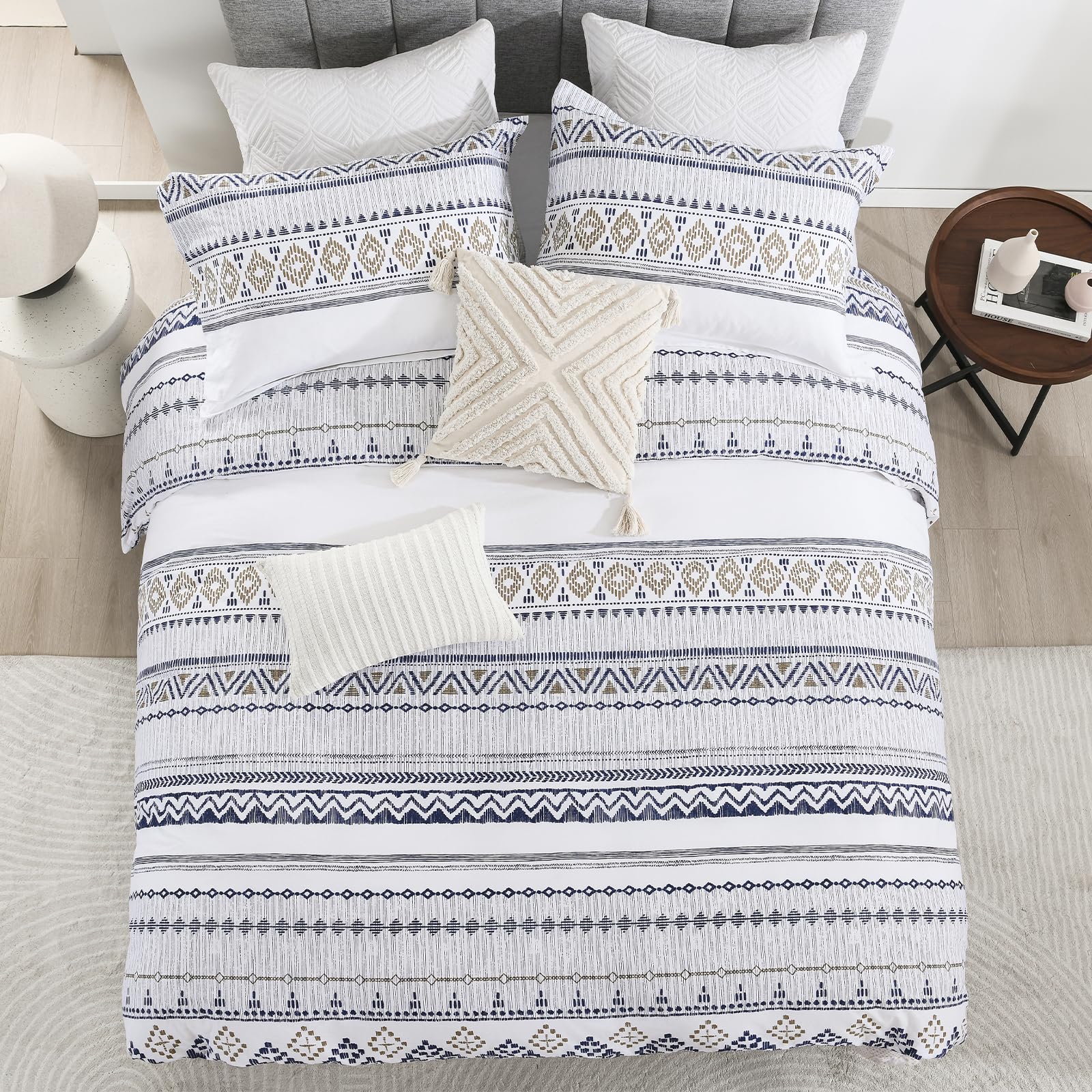 Boho Duvet Cover King Size - 100% Cotton Soft Aztec Print Bedding Set in White, Navy Blue & Beige with Taupe Wave Patterns | OEKO-TEX Certified | Zipper Closure (Comforter Not Included) | Perfect for Bohemian & Eclectic Bedroom Decor