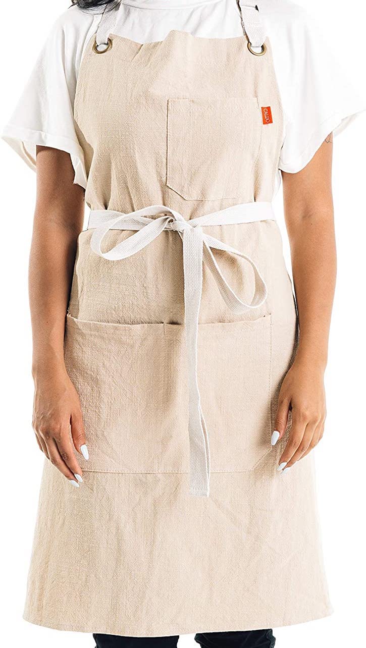 Premium Linen Kitchen Apron for Cooking - Adjustable Unisex Bib Apron with Pockets (Custom Bone Color) - Perfect for Baking, Grilling & Home Chef Gifts