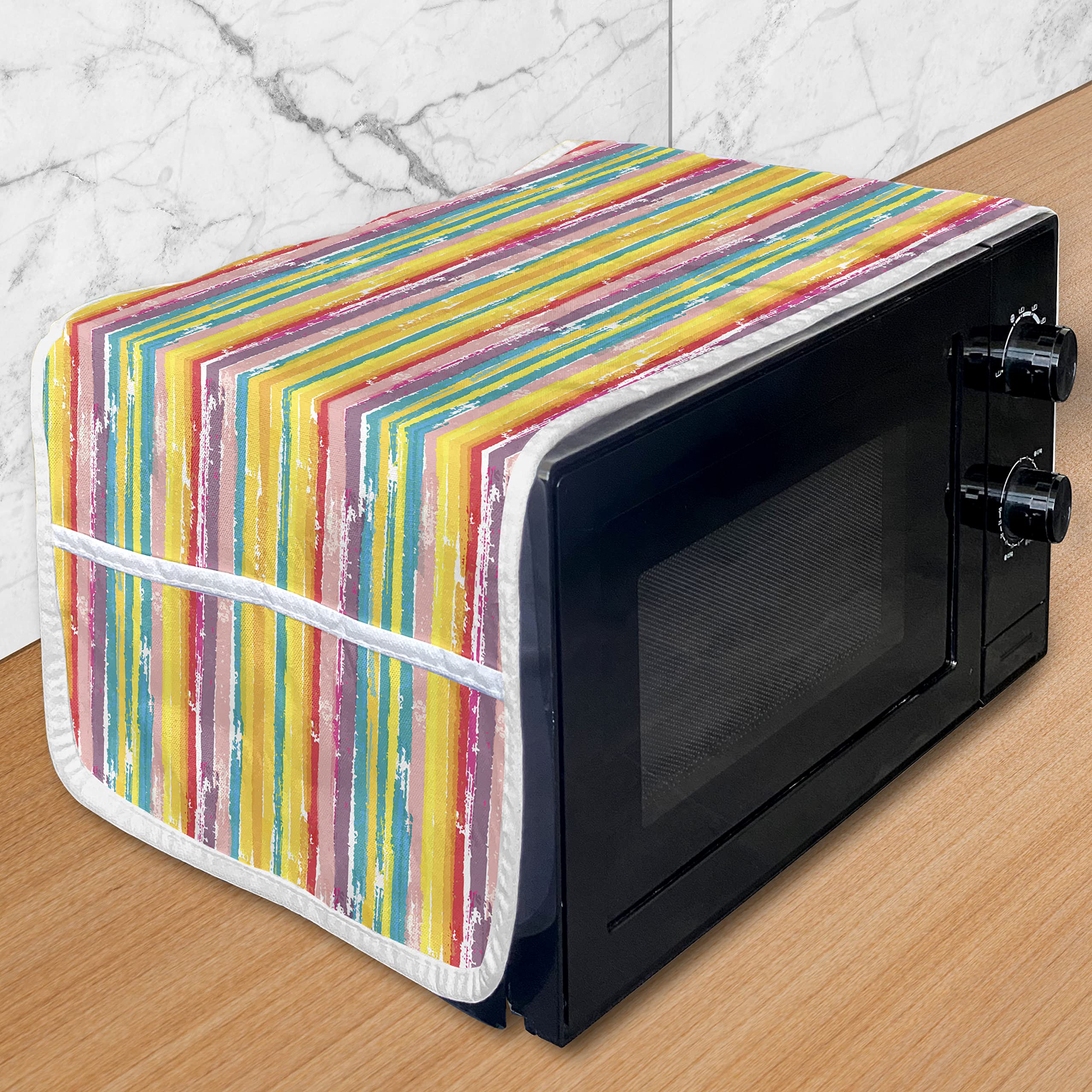 Ambesonne Colorful Microwave Oven Cover - Hand-Painted Rainbow Brush Stroke Design, Waterproof Kitchen Organizer with Pockets, Vintage Worn Look, 36