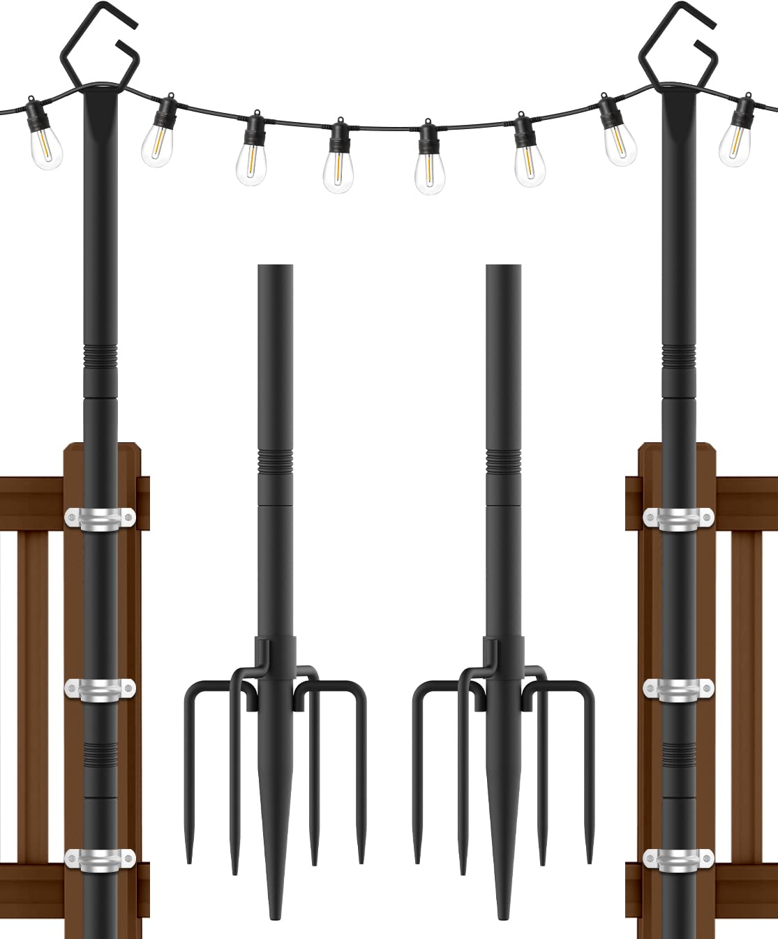 AILBTON 2 Pack 10Ft Outdoor String Light Poles with Fence Brackets - Heavy Duty Metal Stand for Hanging Patio Lights, Deck & Backyard Decor - Perfect for Garden Parties, Wedding Decorations & Outdoor Lighting