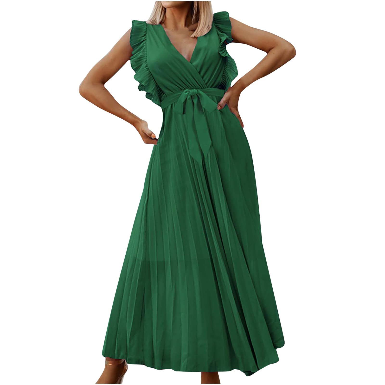 Sexy Women's Chiffon Maxi Dress - Wrap V-Neck Ruffle Sleeveless Summer Dress with Tie Belt & Pleated Details | Perfect for Wedding Guest, Beach Vacation & Casual Outings