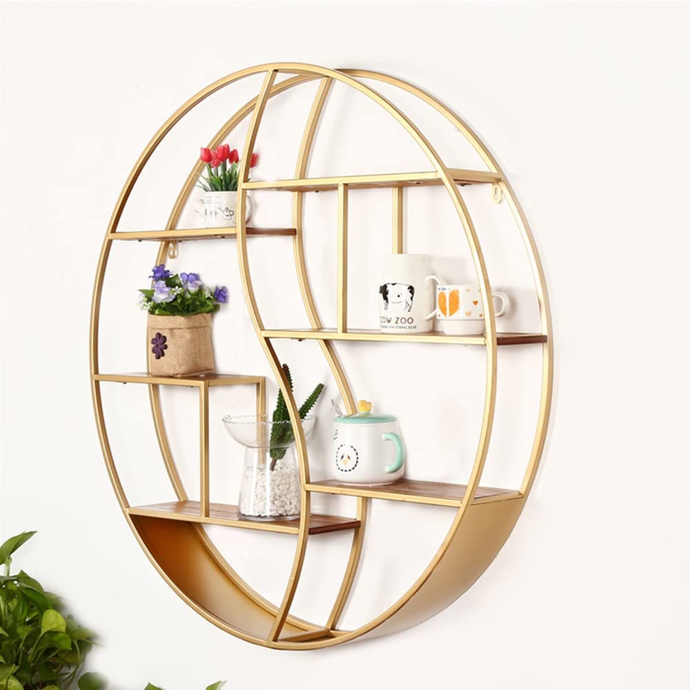 YZJC Industrial Style Wall Shelf - Rustic Multi-Layer Wooden Bookshelf with Wrought Iron Frame, Round Wall Mounted Storage for Living Room, Bedroom & Office (Gold, 60cm) - Perfect for Displaying Books, Plants & Home Decor