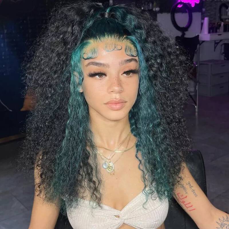 Eullair Curly Human Hair Wig with Green Highlights - Transparent Lace Frontal Wig for Black Women | Natural Look for Parties, Cosplay & Daily Wear