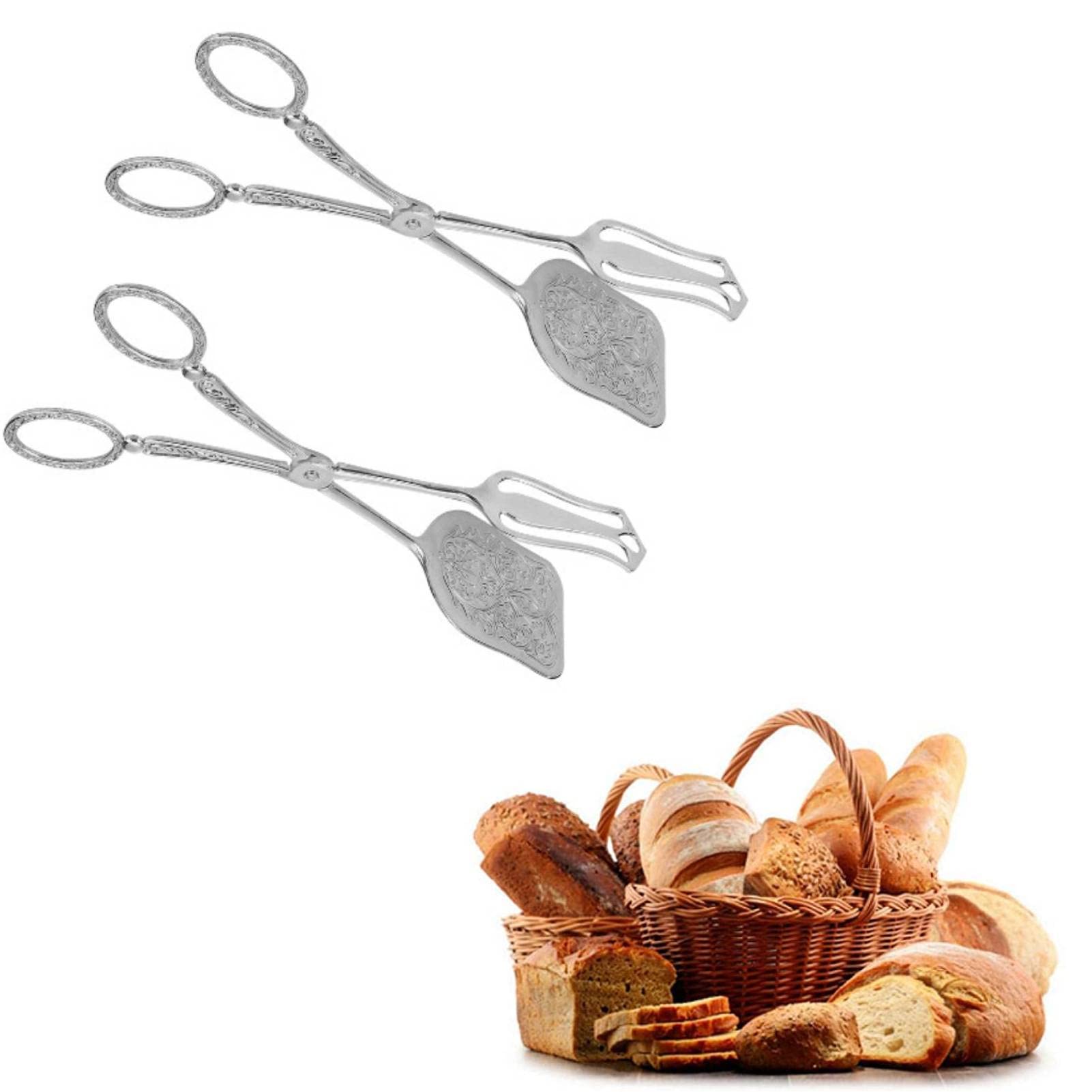 2Pcs Retro Zinc Alloy Bread Tongs - Silver Kitchen Utensils for Baking, Cooking & Serving - Perfect for Salad, Cake, Snacks & Pastry Handling - Ideal for Home Bakeries, Cafes & Restaurants