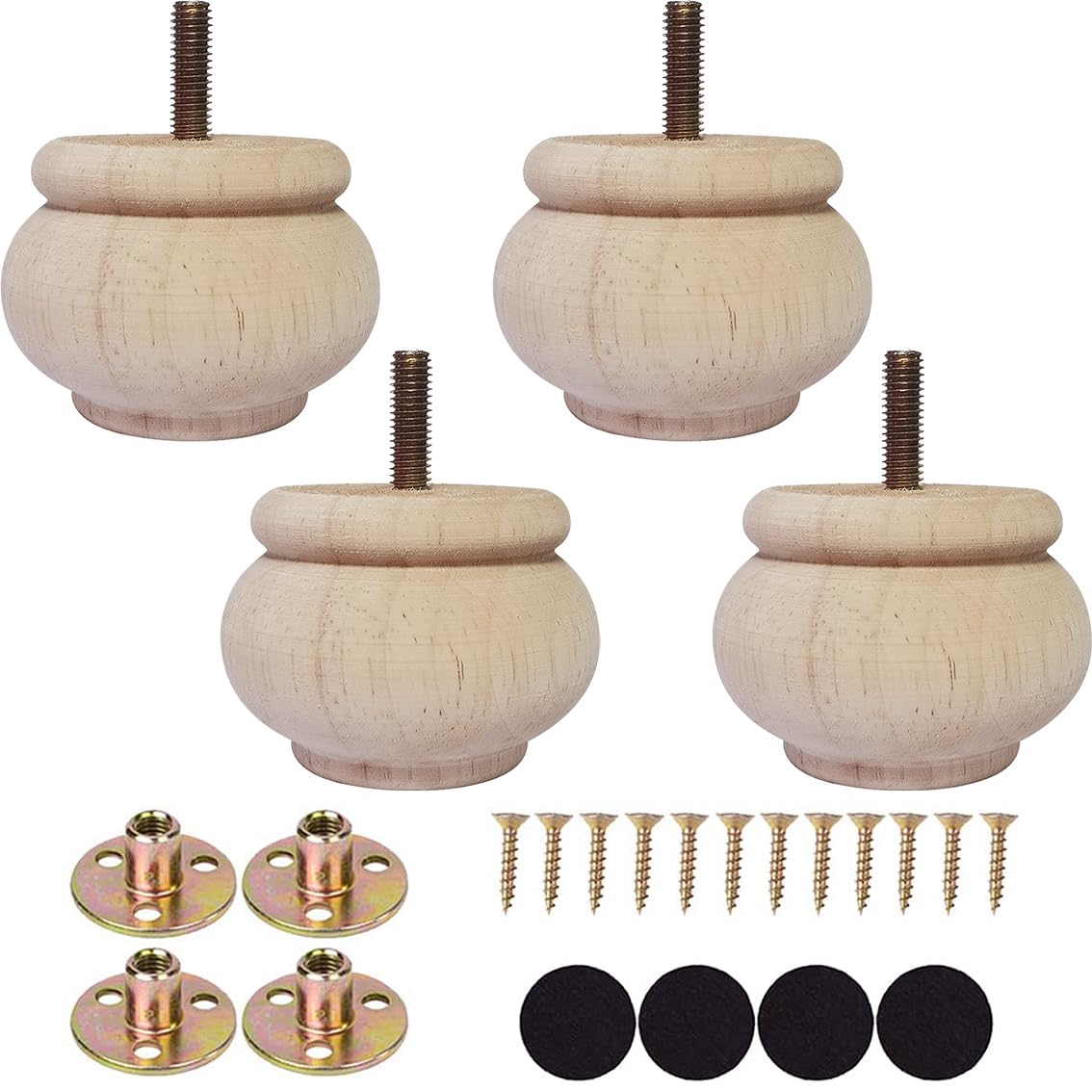 2 Inch Solid Wood Unpainted Furniture Legs - Round Bun Feet Set of 4 for Ottoman, Loveseat, Cabinet, Desk, Sofa & Bookcase Replacement | Perfect for DIY Home Decor & Furniture Restoration Projects