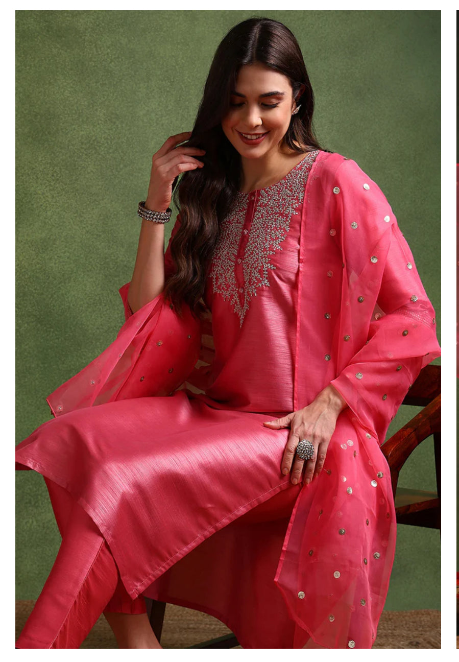 Elegant Pink Poly Silk Kurta Set for Women | Traditional Indian Ethnic Wear | Perfect for Festivals, Weddings & Parties
