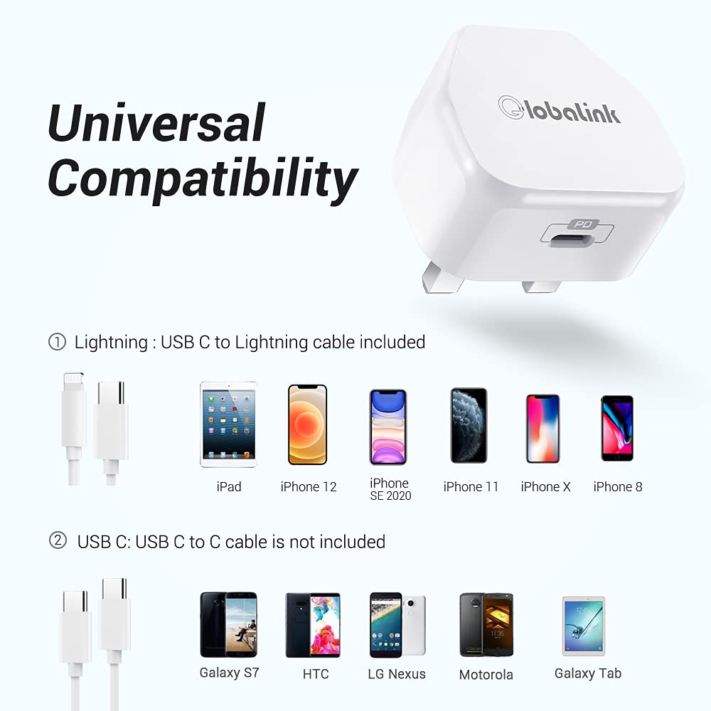 MFi Certified 20W USB C Fast Charger with 2M USB-C to Lightning Cable - PD3.0 Quick Charge Adapter for iPhone 13/12/11/XS/SE - Perfect for Home, Office & Travel Charging