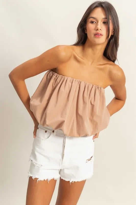 Trendy Beige Strapless Bubble Top for Women - Chic Summer Outfit for Beach, Party & Casual Wear
