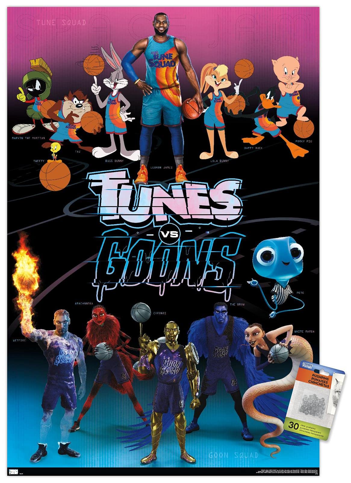 Space Jam: A New Legacy Movie Poster - 24x36 Inch Framed Wall Art with Push Pins - Perfect for Bedroom, Game Room & Sports Fan Decor
