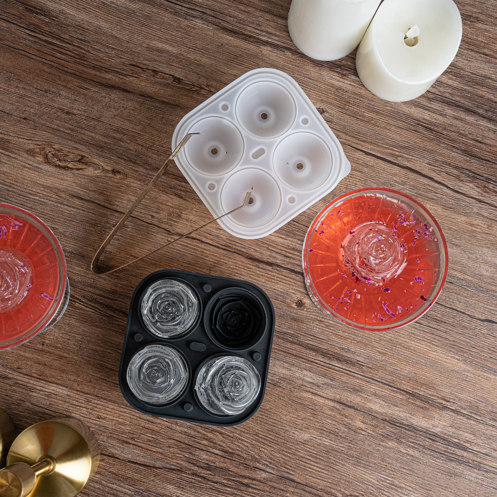 Premium Black Silicone Ice Cube Tray - 2 Rose & 4 Compartment Molds (1 Count) for Cocktails, Whiskey & Elegant Drink Presentation