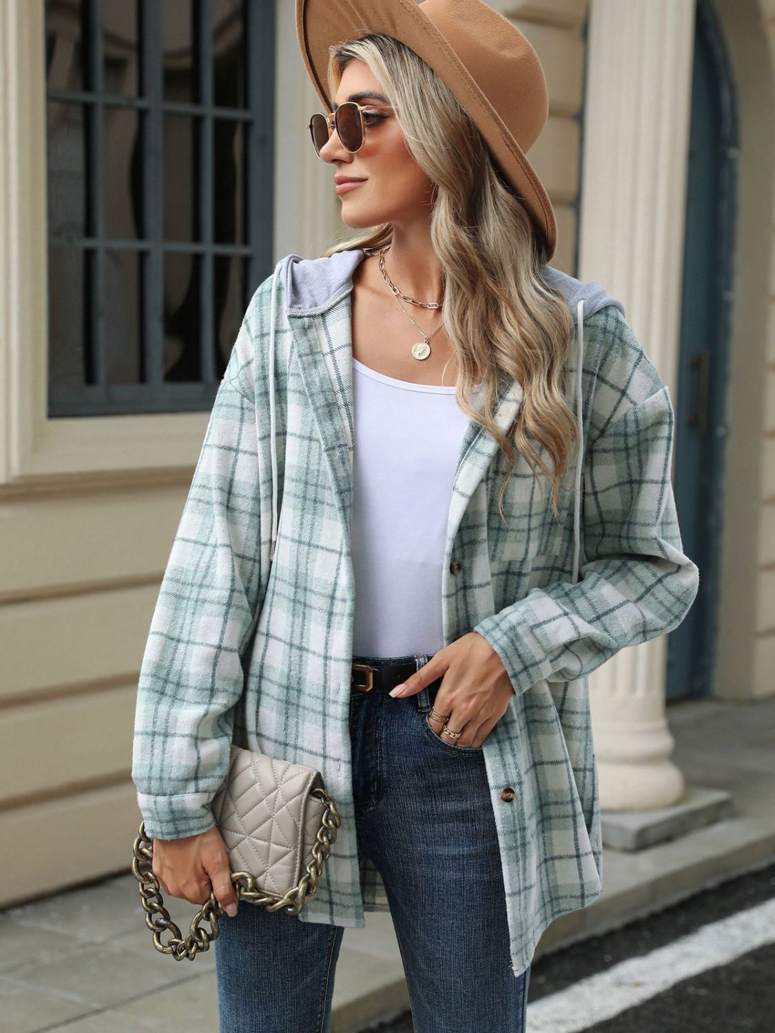 Men's Plaid Button-Up Hooded Jacket with Drawstring - Stylish Casual Outerwear for Fall & Winter - Perfect for Outdoor Activities, Hiking, and Daily Wear