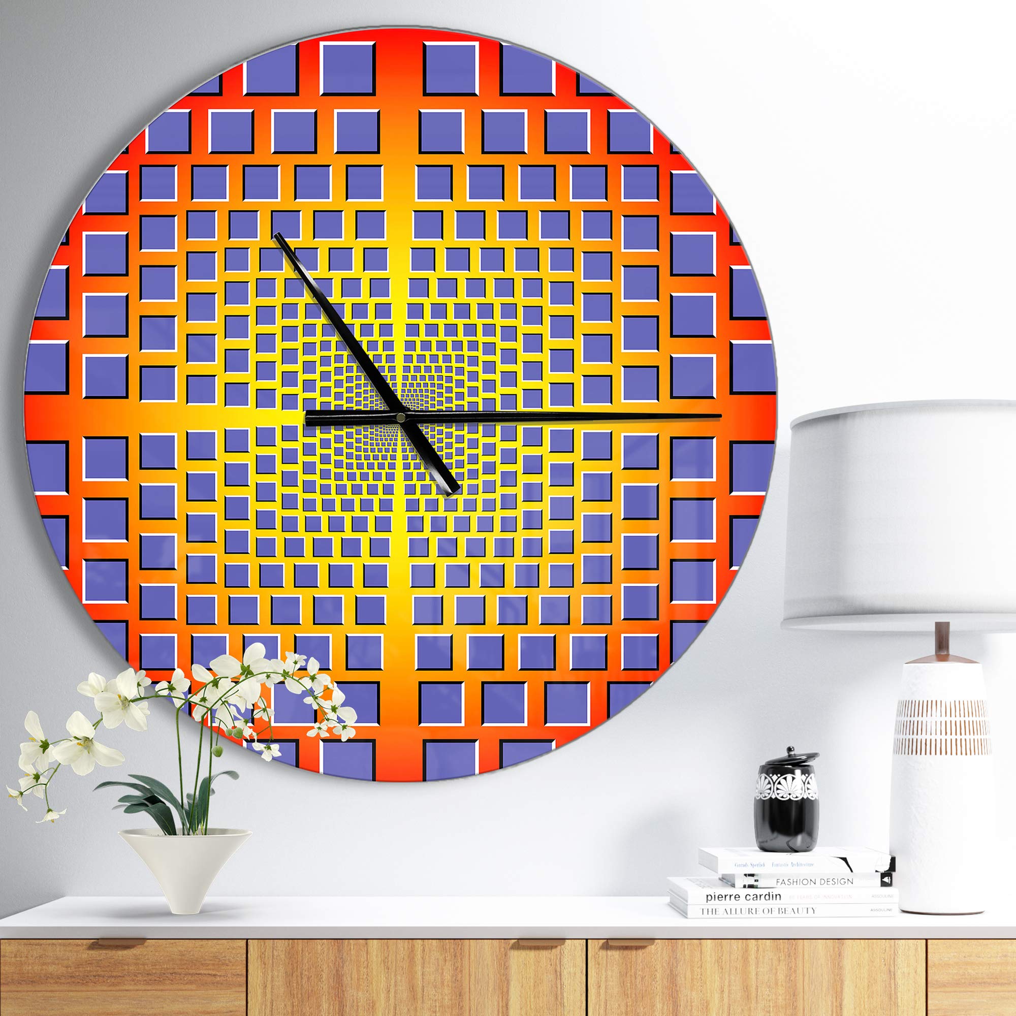 DesignQ Modern Wall Clock - Yellow Optical Illusion Purple Round Clock for Kitchen, Living Room & Office Decor | Stylish Home & Wall Decoration