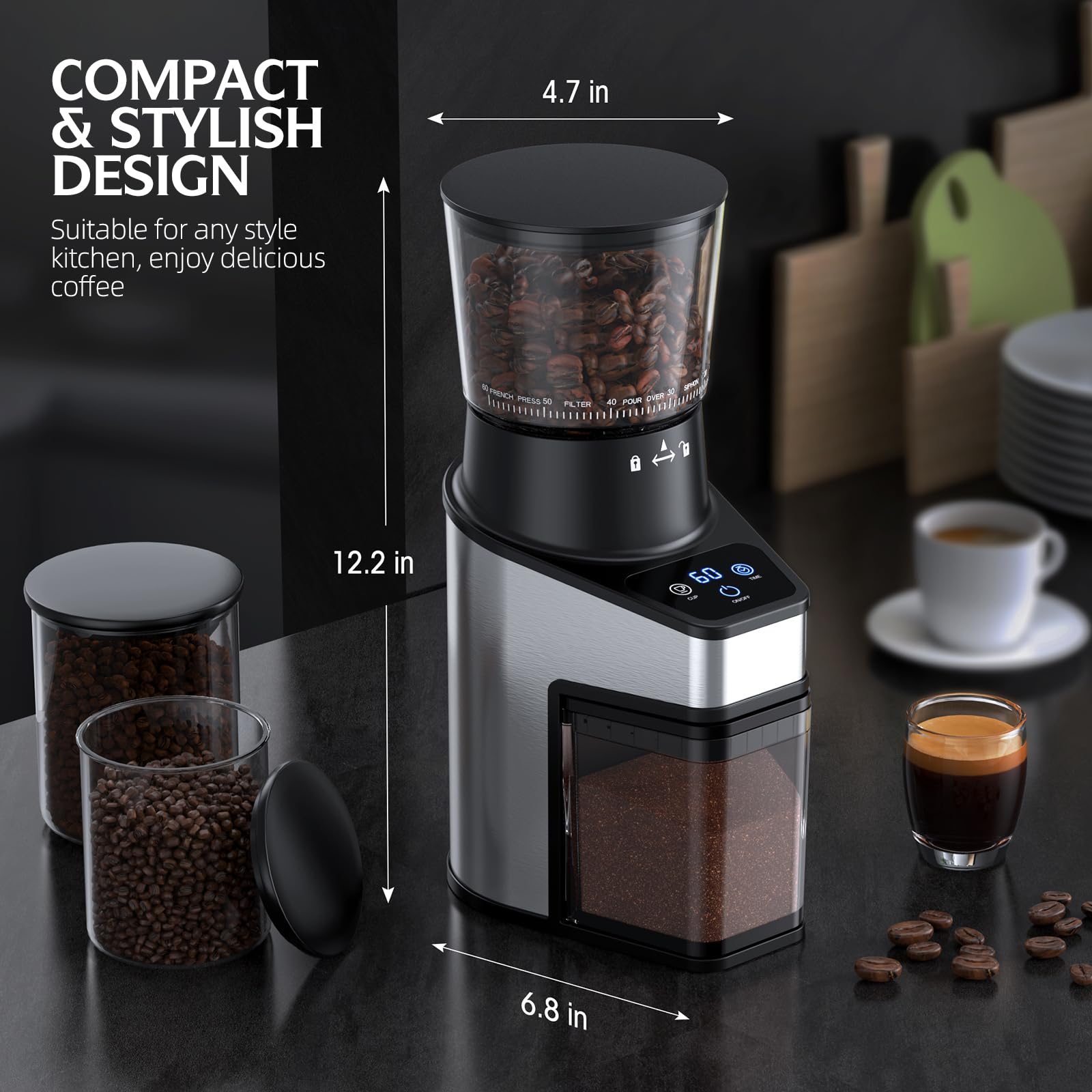 Premium Electric Burr Coffee Grinder with LCD Touch Screen - 60 Precise Grinding Settings, 60-Second Timer & 1-8 Cup Capacity - Anti-Static Stainless Steel Design for Espresso, French Press & Cold Brew at Home or Office