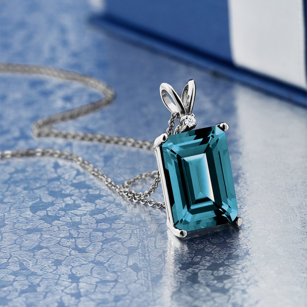 14X10MM Emerald Cut Gemstone & White Diamond Pendant Necklace for Women - 925 Sterling Silver with 18