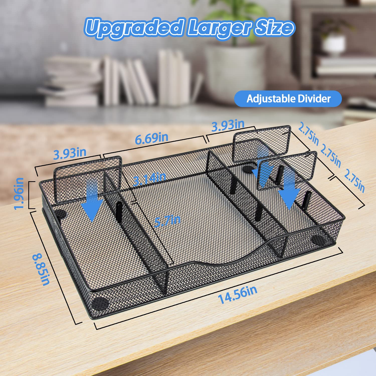 Metal Mesh Desk Drawer Organizer with 6 Adjustable Compartments - 14.5x8.8x1.96 Inch Black Tray for Office, Kitchen, Bathroom, Makeup & Vanity Storage - Perfect for Organizing Stationery, Utensils, Cosmetics & Jewelry