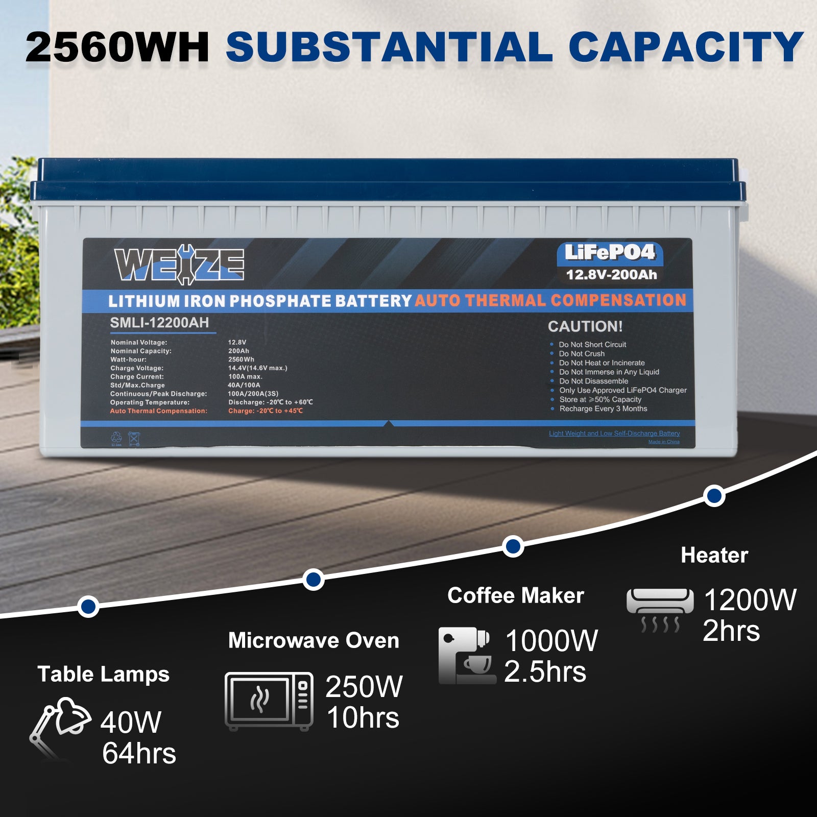 WEIZE 12V 200Ah 2560Wh LiFePO4 Lithium Battery with Self Heating - Deep Cycle Battery for RV, Solar Power, Marine, Off-Grid & Backup Power Systems