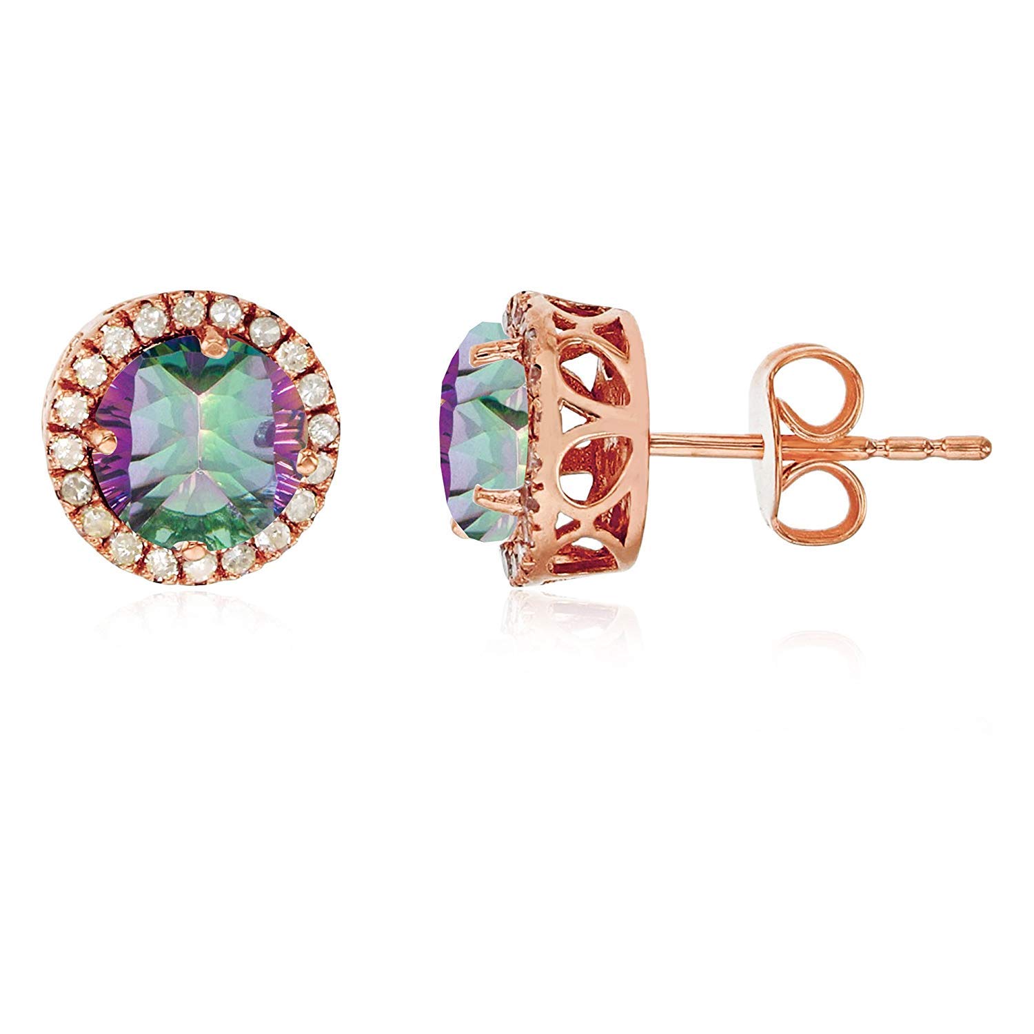 14K Yellow, White & Rose Gold 6mm Round Gemstone Stud Earrings with 0.2 CTTW Diamond Halo - Perfect for Weddings, Anniversaries & Special Occasions