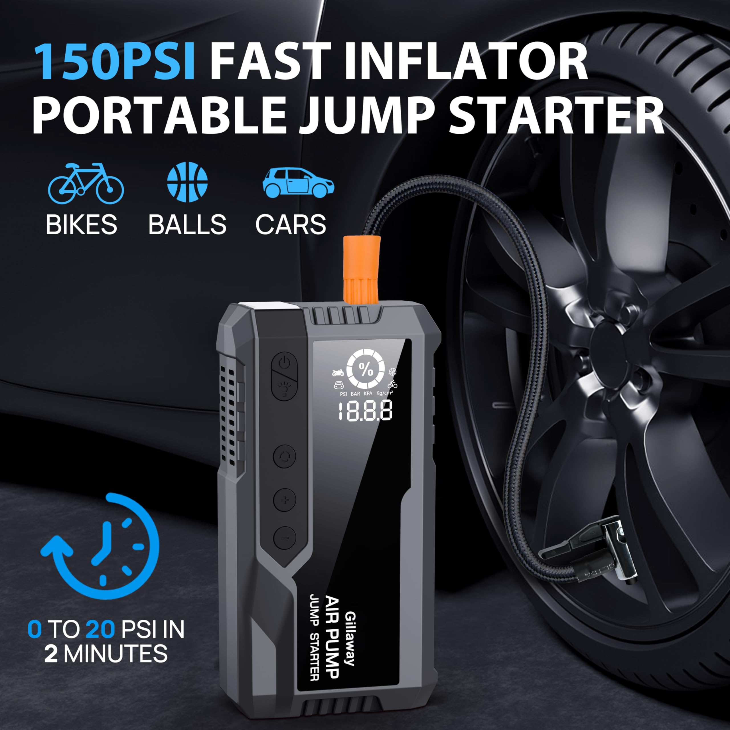 5000A Car Jump Starter with Air Compressor (150PSI) - Portable Battery Booster for 10L Gas/8.0L Diesel Engines - Emergency Tire Inflator & LED Light - Perfect for Roadside Assistance, Camping & Winter Emergencies