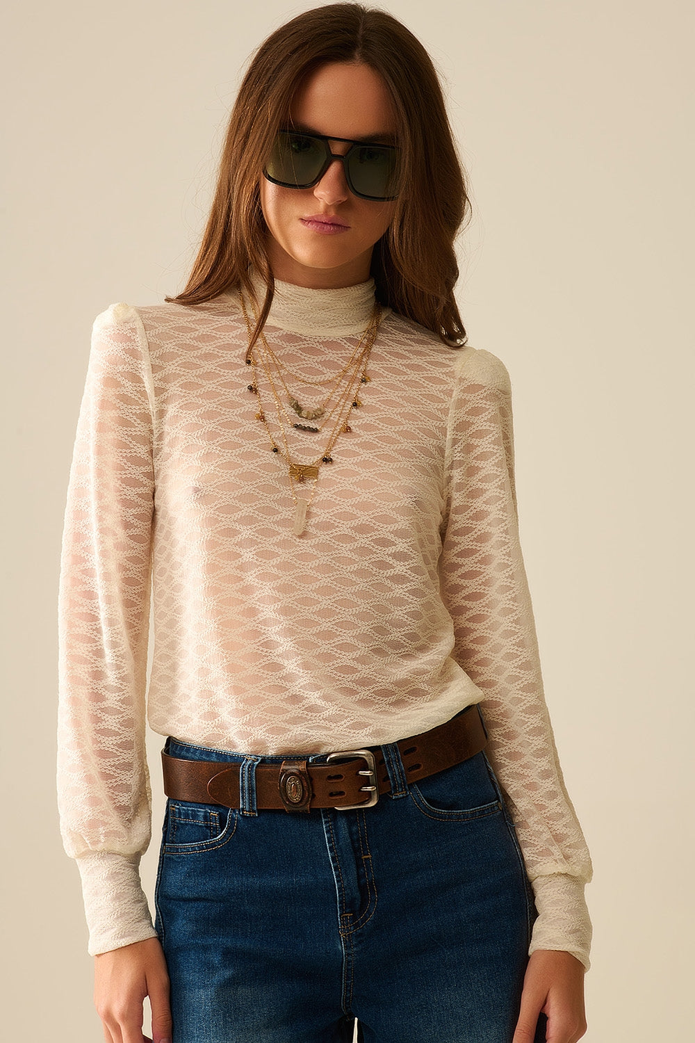 Elegant Beige Lace High Neck Puff Sleeve Blouse - Women's Fashion Top for Party, Wedding & Special Occasions