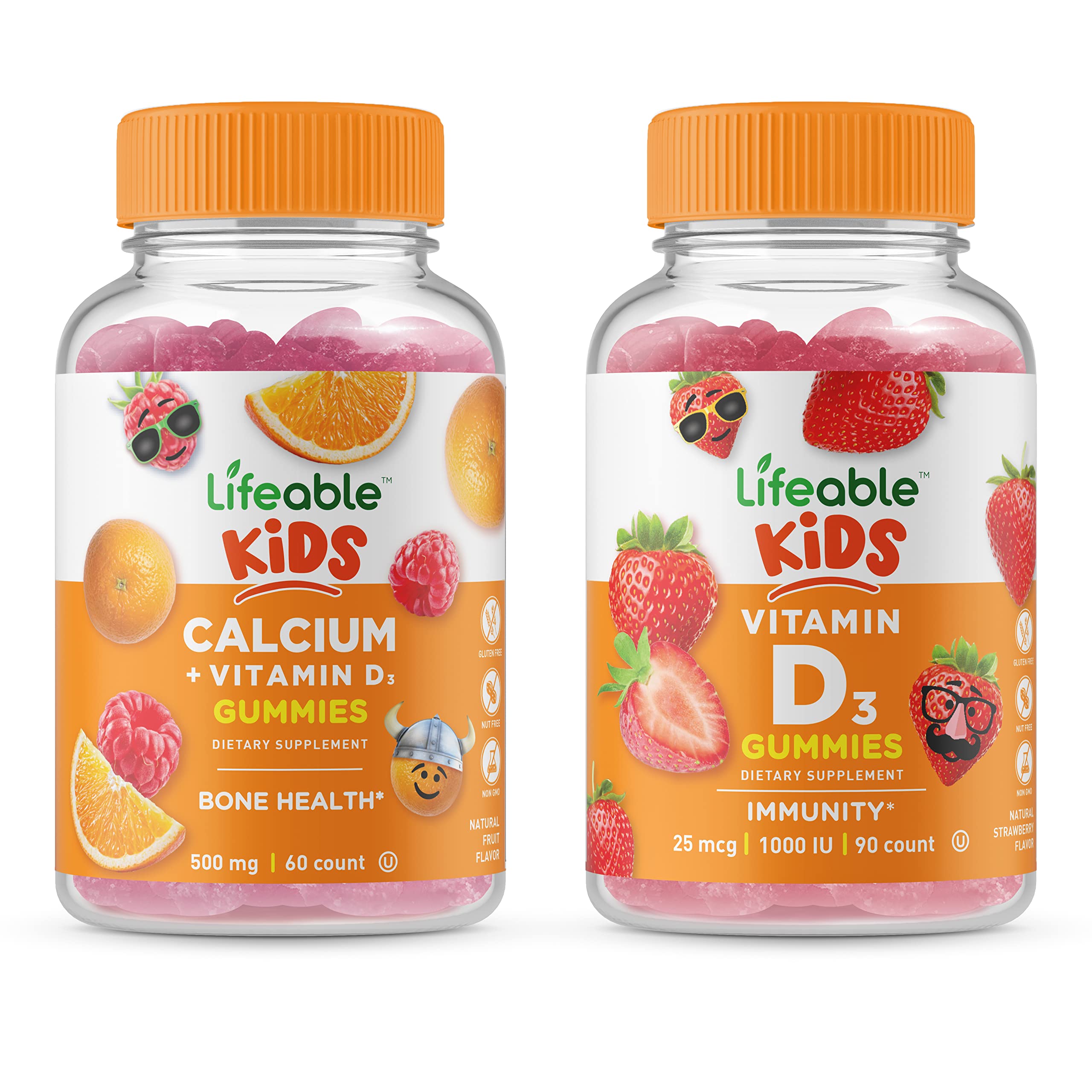 Lifeable Calcium with Vitamin D Kids Gummies Bundle - Tasty Chewable Vitamin Supplement for Strong Bones, Gluten Free & Non-GMO - Perfect for Daily Nutrition & Immune Support for Growing Children