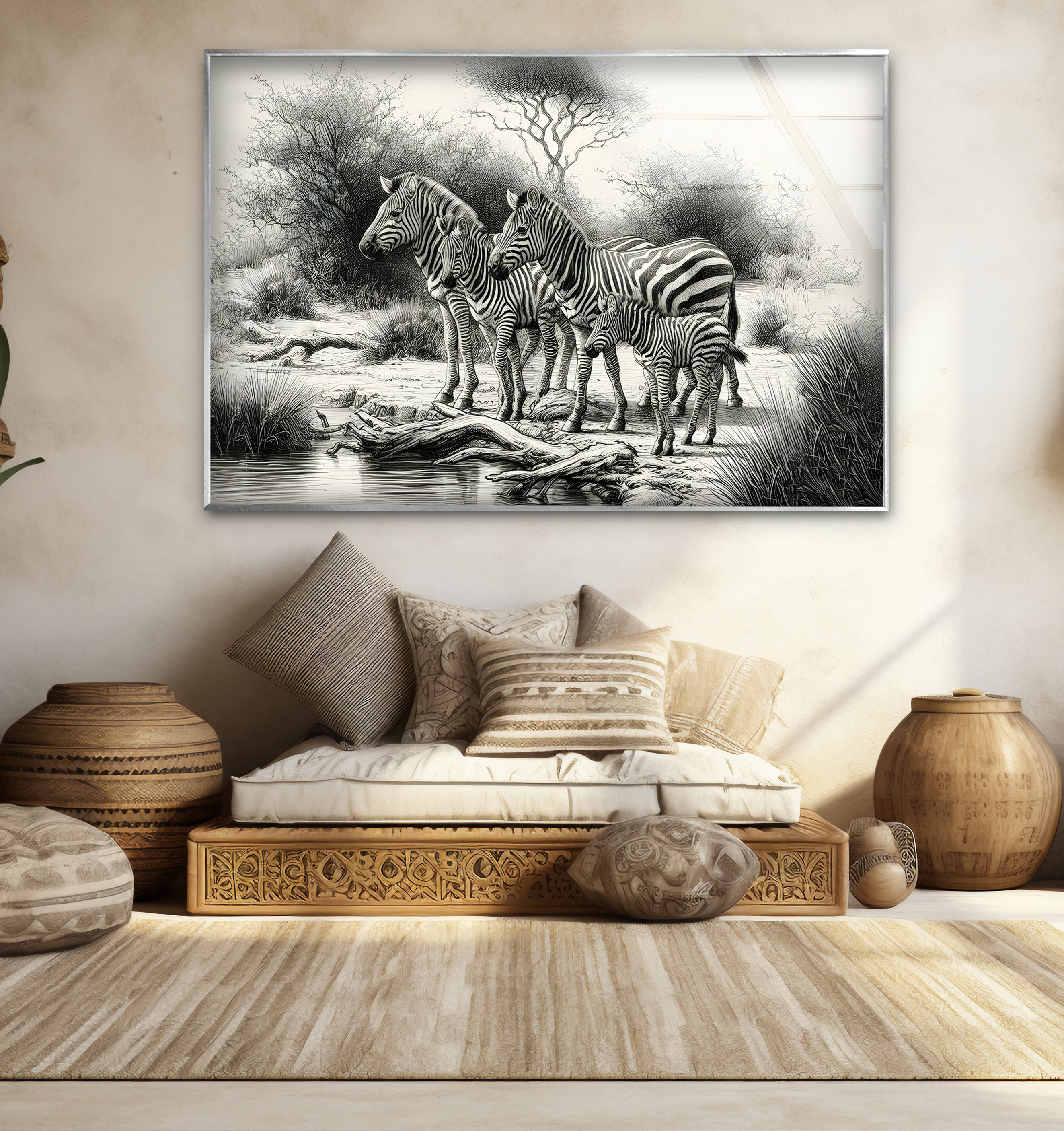 Black and White Zebra Family Glass Wall Art - Modern Home Decor for Living Room, Bedroom & Office - Unique Animal Print Wall Art for Safari & Wildlife Theme Decor