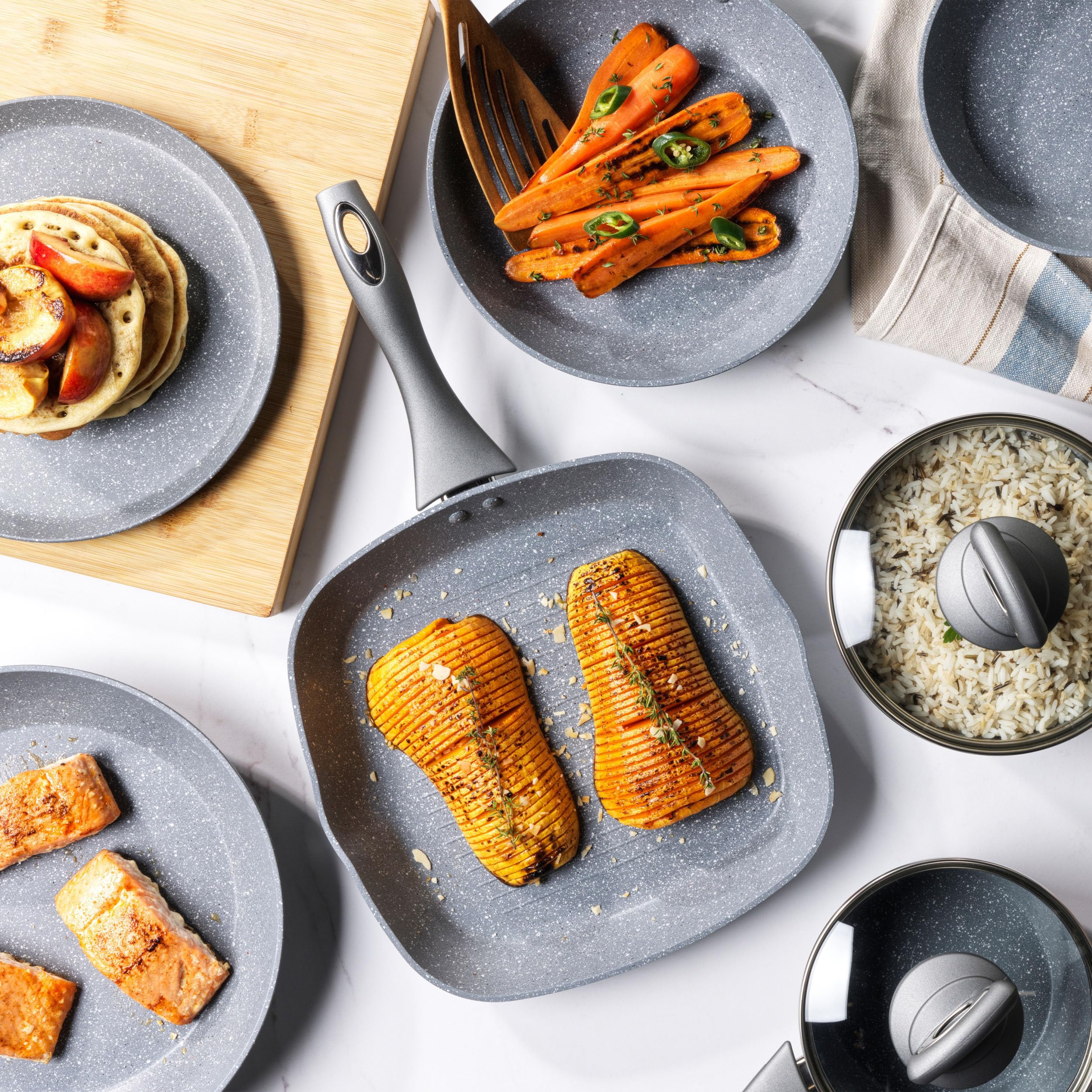 Premium Salter Marblestone 4-Piece Nonstick Cookware Set - 16cm, 18cm, 20cm Sauce Pans with Lids & 24cm Frying Pan | PFOA-Free Forged Aluminum, Induction Compatible | Perfect for Everyday Cooking, Meal Prep & Family Dinners