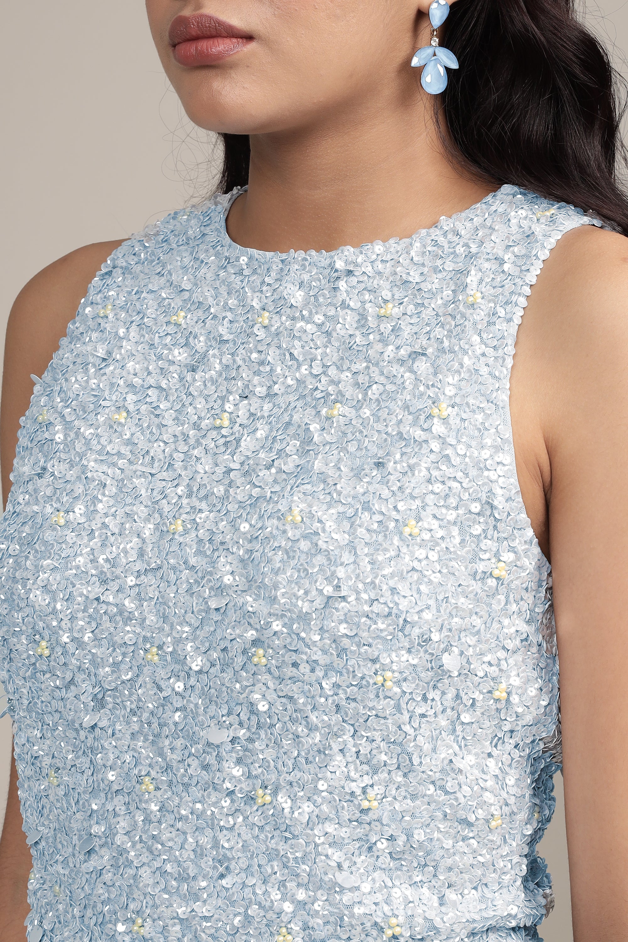 Light Blue Embellished Picasso Top for Women | Elegant Blouse for Casual Wear, Office & Special Occasions