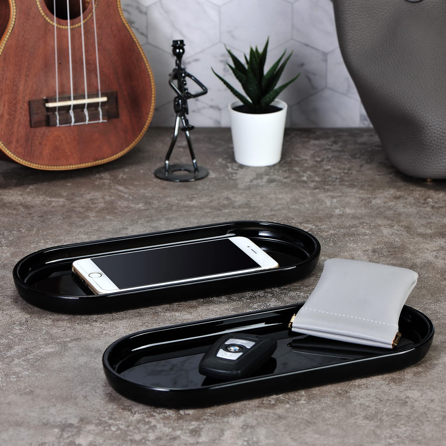 SheeChung Acrylic Vanity Tray Set - 2 Pack Bathroom Countertop Organizer for Jewelry, Makeup & Essentials | Durable Storage Tray for Sink, Cabinet, Vanity & Closet Organization (Black) - Perfect for Home, Hotel & Spa Decor
