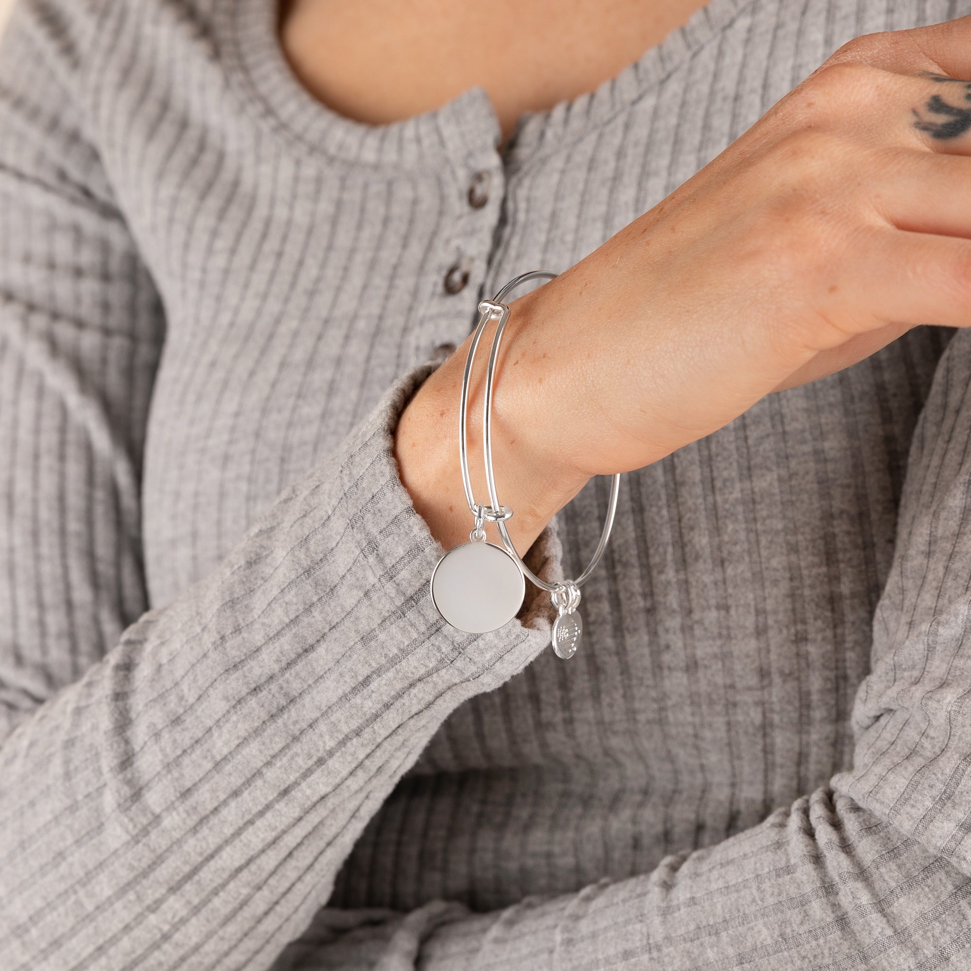 Elegant Circle Charm Bangle Bracelet for Women - Sterling Silver Minimalist Jewelry Gift for Her - Perfect for Everyday Wear & Special Occasions