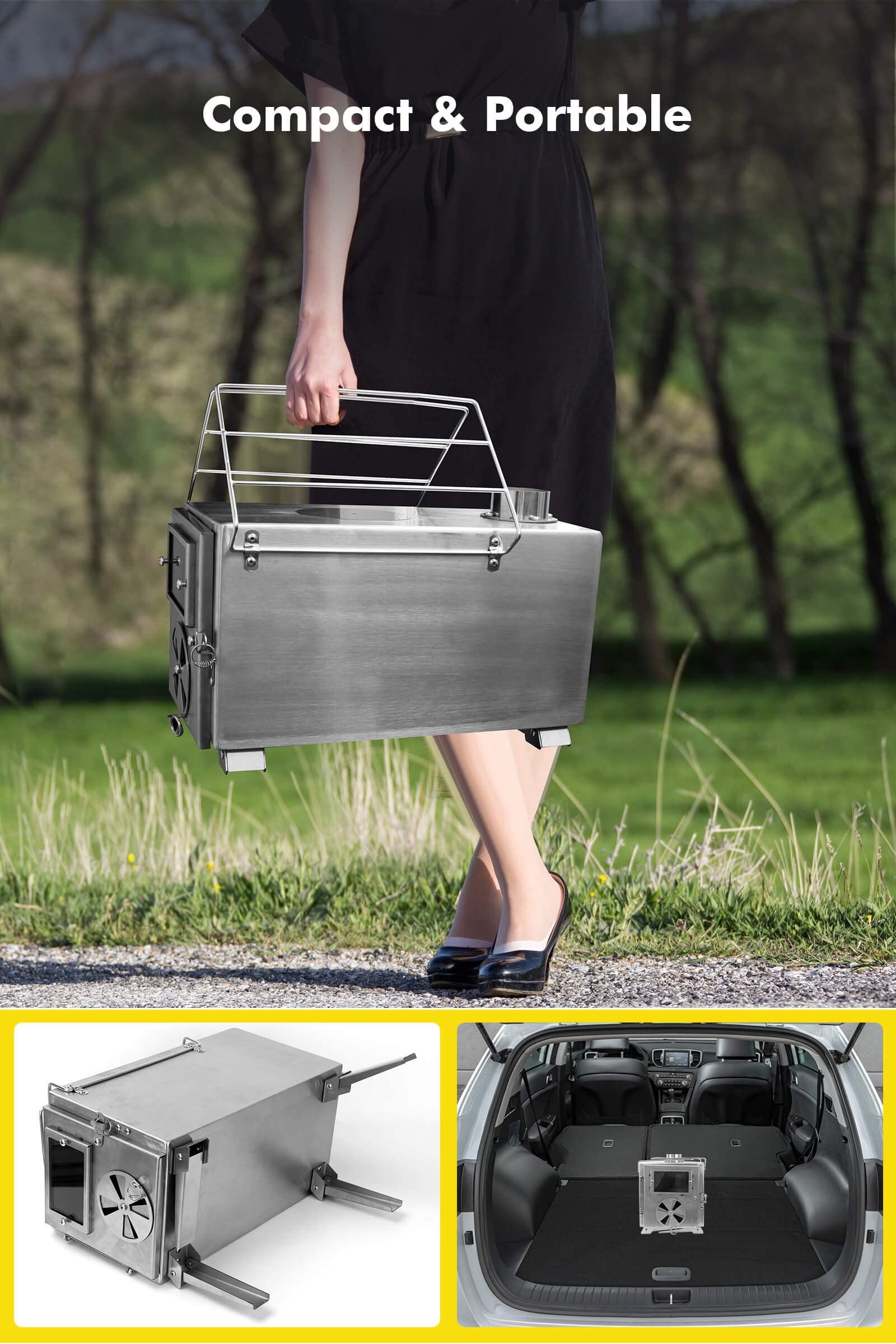 304 Stainless Steel Wood Burning Tent Stove with 7-Piece Chimney Pipe - Portable Camping Stove for Ice Fishing, Hunting, Hiking | Perfect for Winter Camping, Backpacking & Outdoor Adventures (Silver)