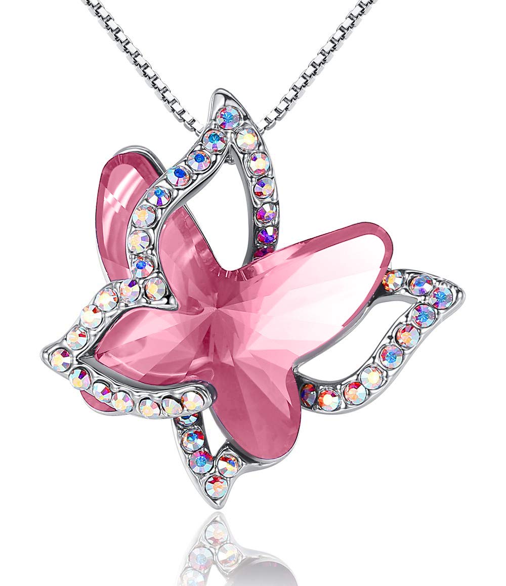 Butterfly Birthstone Crystal Necklace for Women - Sterling Silver Tone with 18
