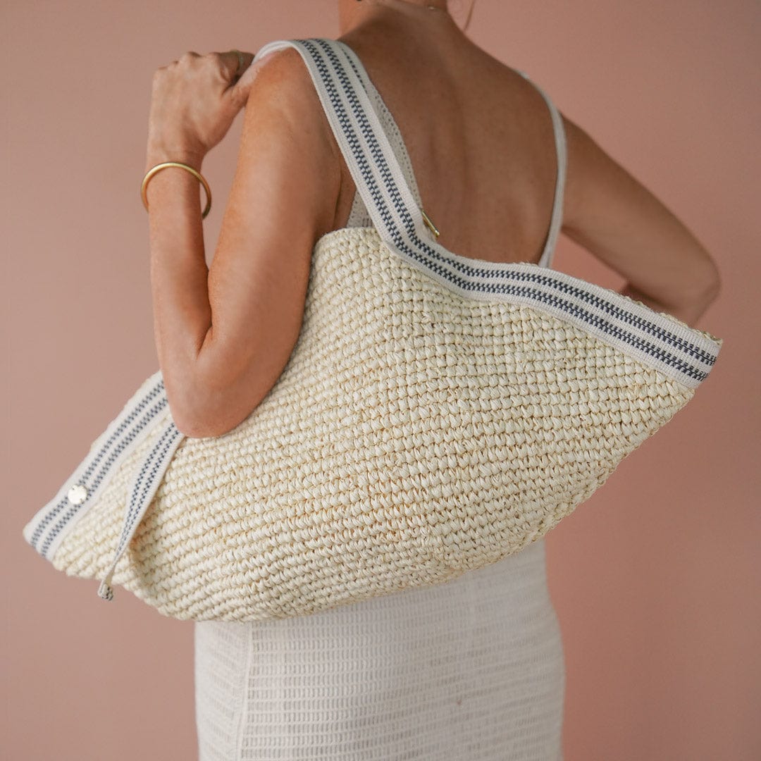 Stylish Raffia Shoulder Bag for Women - Black & Cream Striped Design - Perfect for Beach, Vacation, and Summer Outfits