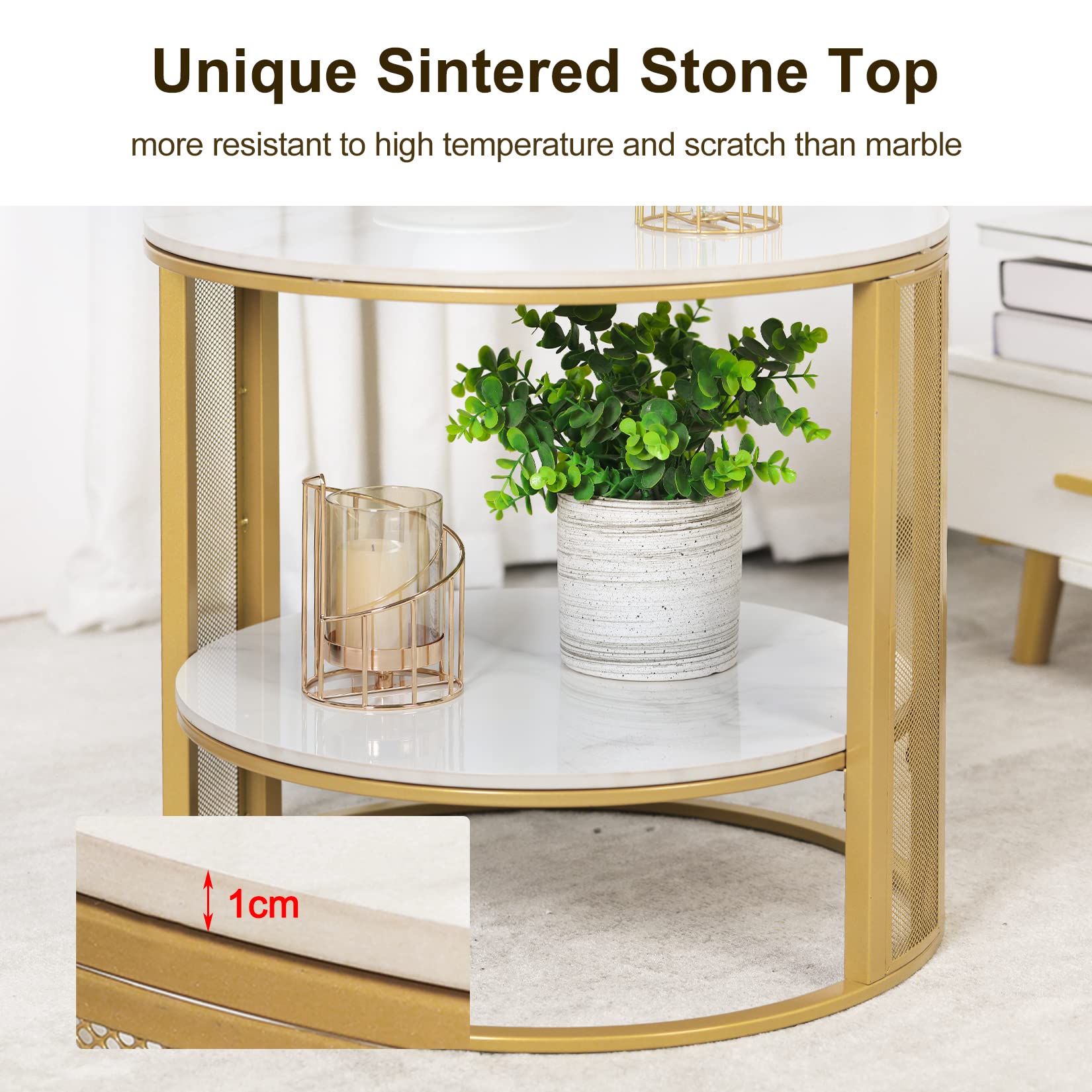Wisfor Modern Round Coffee Table with 2-Tier Marble Top & Gold Metal Frame - Accent Side Table for Living Room, Bedroom, or Office - Perfect for Small Spaces & Home Decor