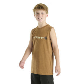 Carhartt Youth Boys Sleeveless Graphic Logo T-Shirt - Brown Heather Cotton Tee for Summer Sports & Outdoor Activities