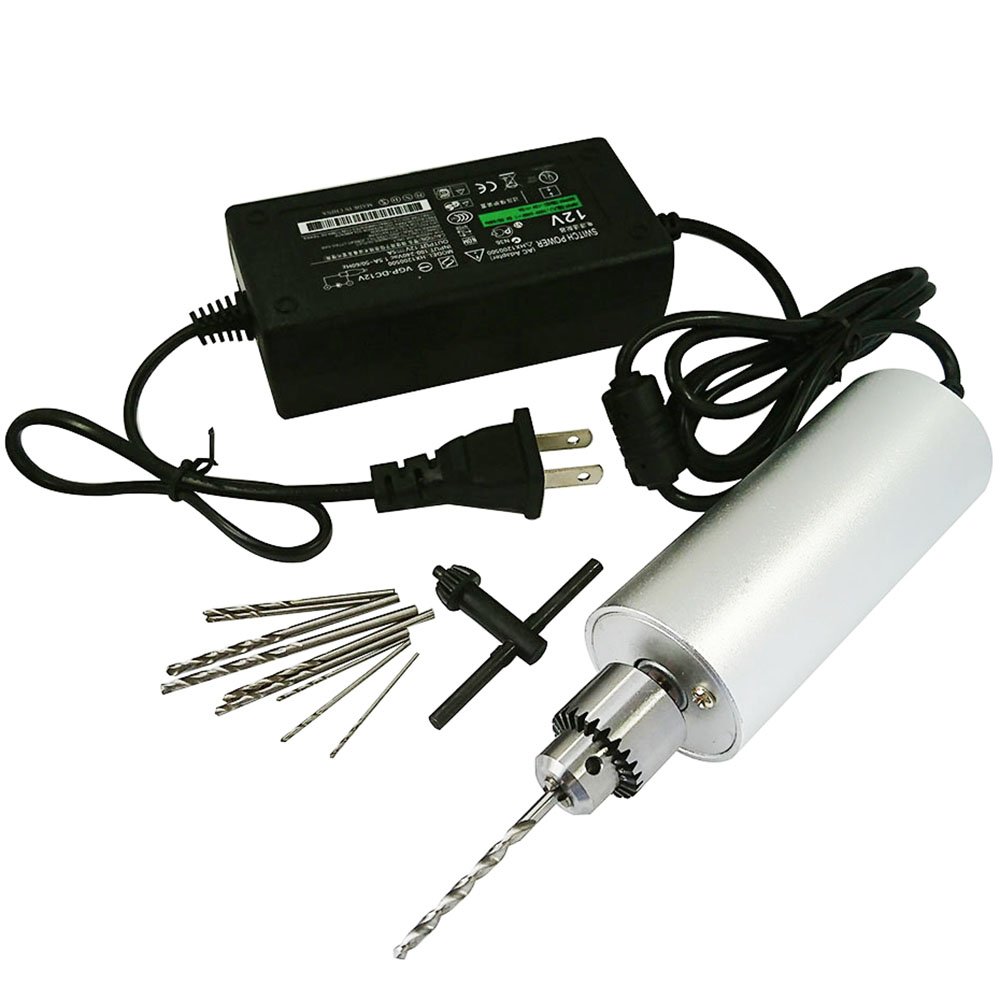 Yakamoz 0.3mm-4mm Micro Aluminum Portable Handheld Electric Drill - DIY PCB Mini Drill with 5A Power Supply & 10pc Micro Drill Bits Set for Jewelry Making, Circuit Board Repair, and Model Crafting